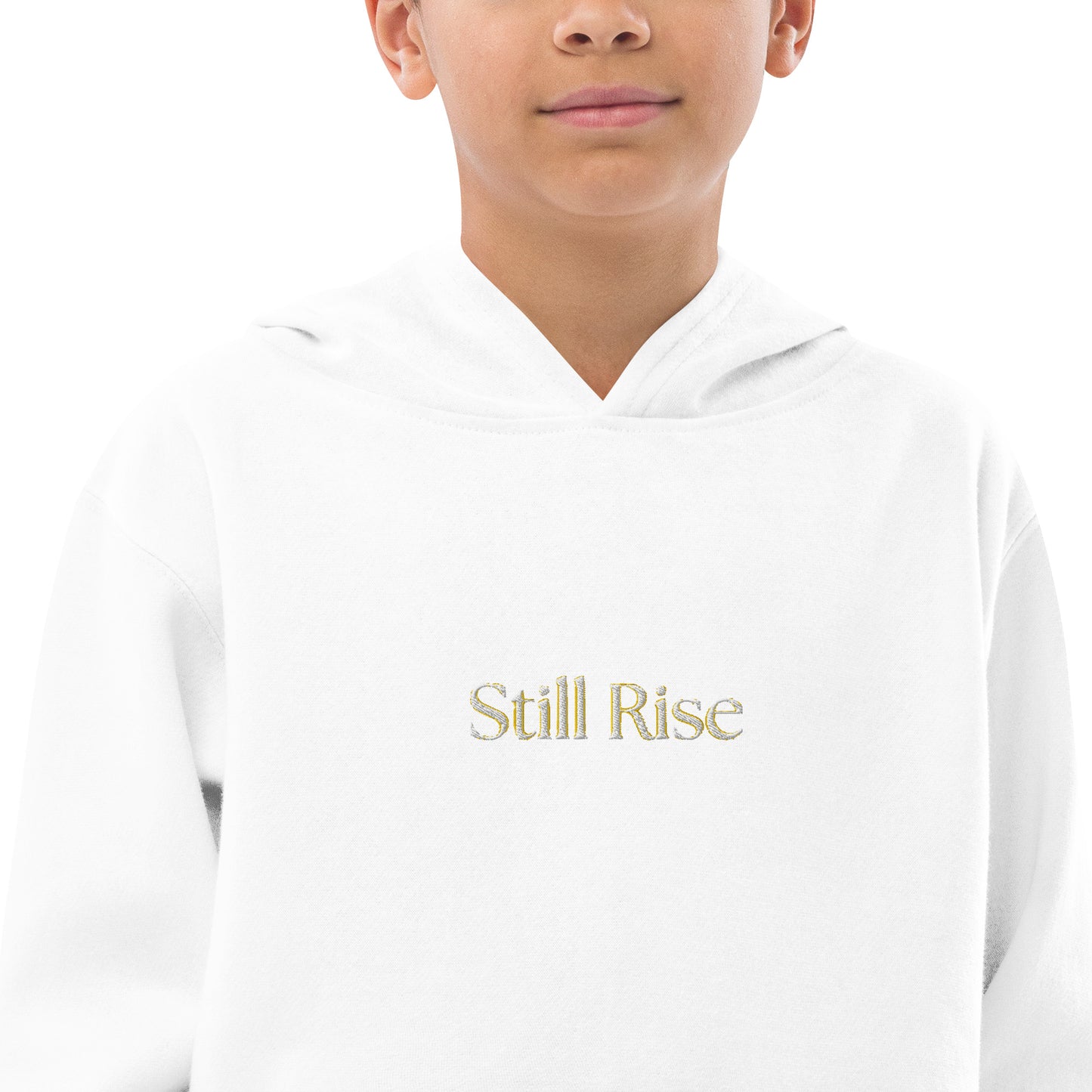 THSR Youth Pullover Hoodies with Center-Chest Logo – Black or White Pullover Hoodies Featuring Bold Gold "Still Rise" Design for Kids