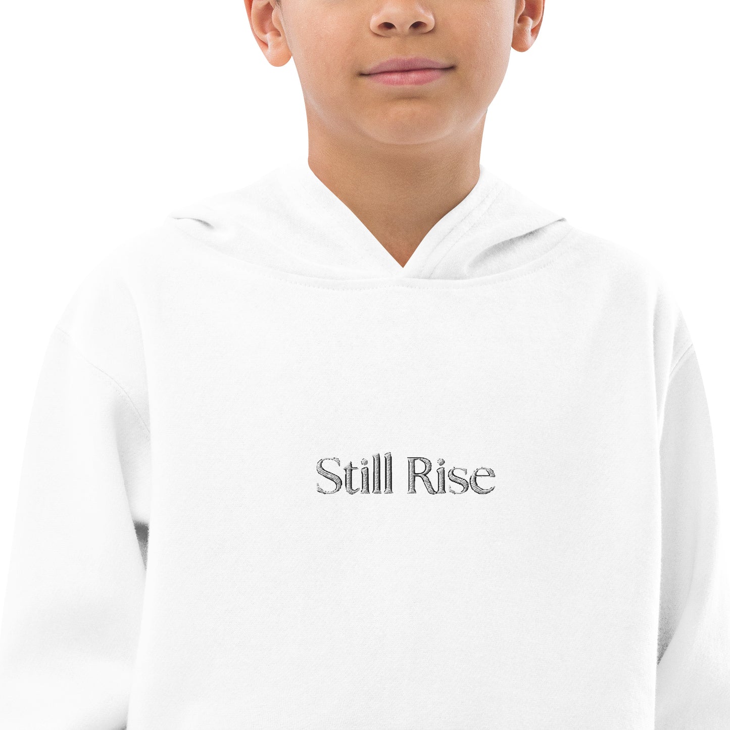 THSR Youth Pullover Hoodies with Center-Chest Logo – White Pullover Hoodies Featuring Bold Black "Still Rise" Design for Kids