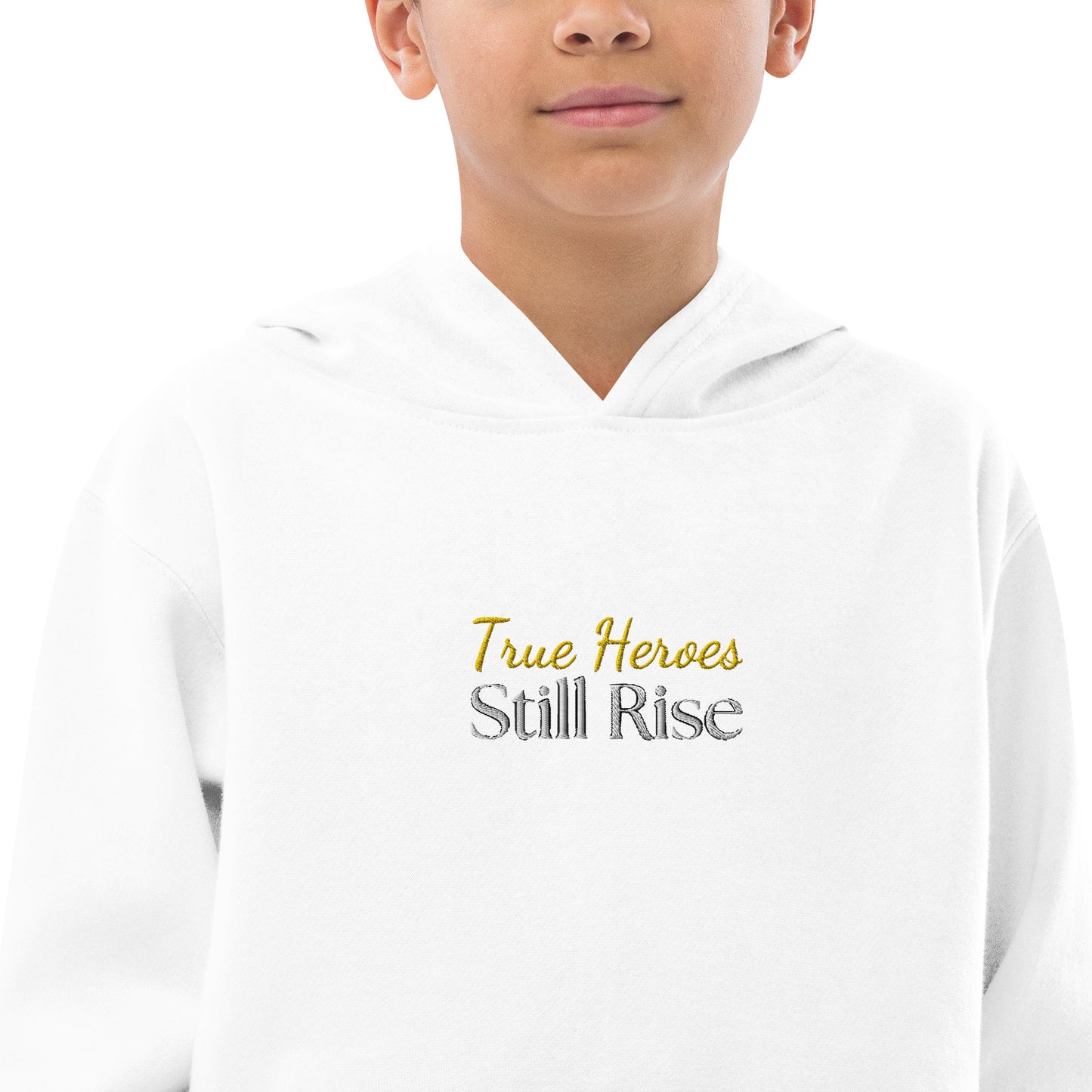 THSR Youth Pullover Hoodies with Center-Chest Logo – White Pullover Hoodies Featuring Bold Gold and Black "True Heroes Still Rise" Design for Kids