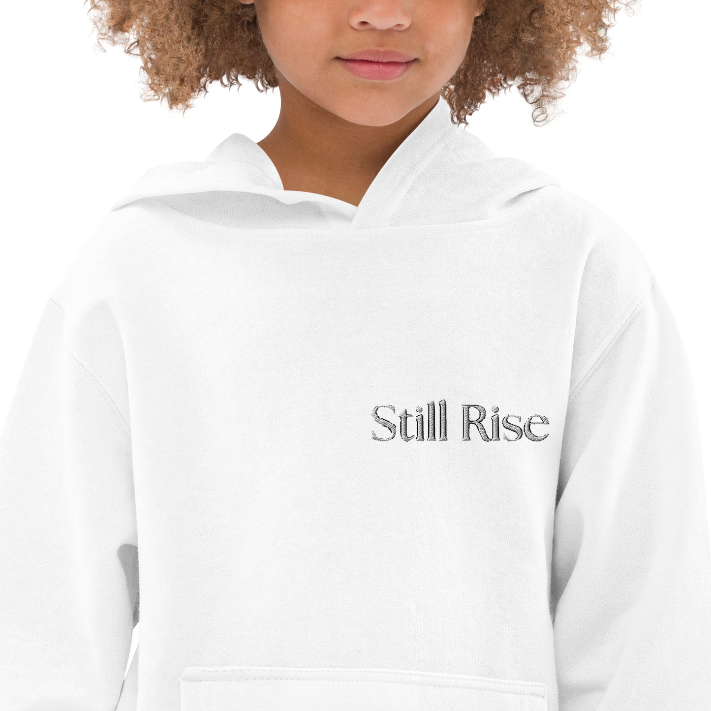 THSR Youth Pullover Hoodies with Left-Chest Logo – White Pullover Hoodies Featuring Bold Black "Still Rise" Design for Kids