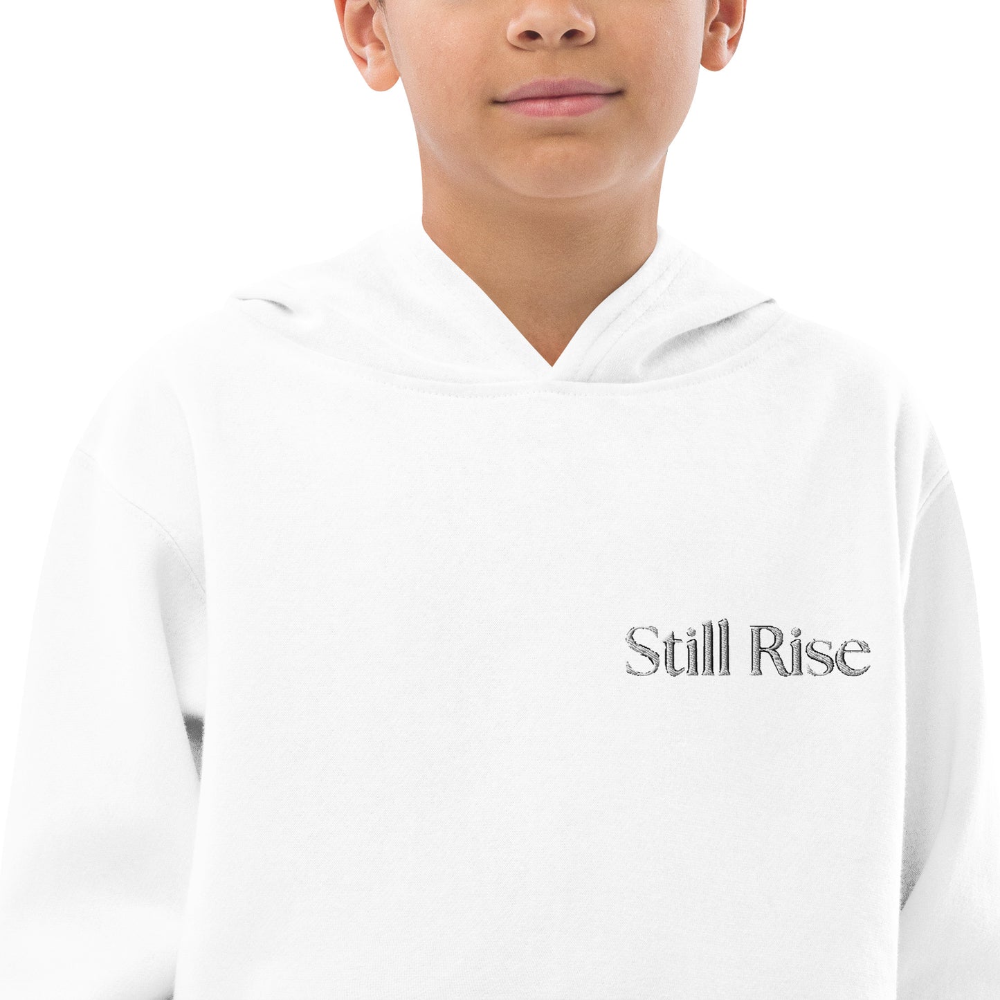 THSR Youth Pullover Hoodies with Left-Chest Logo – White Pullover Hoodies Featuring Bold Black "Still Rise" Design for Kids