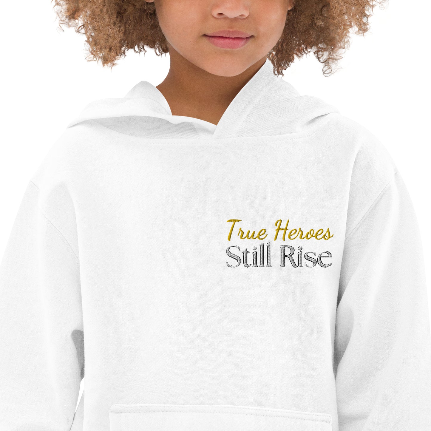 THSR Youth Pullover Hoodies with Left-Chest Logo – White Pullover Hoodies Featuring Bold Gold and Black "True Heroes Still Rise" Design for Kids