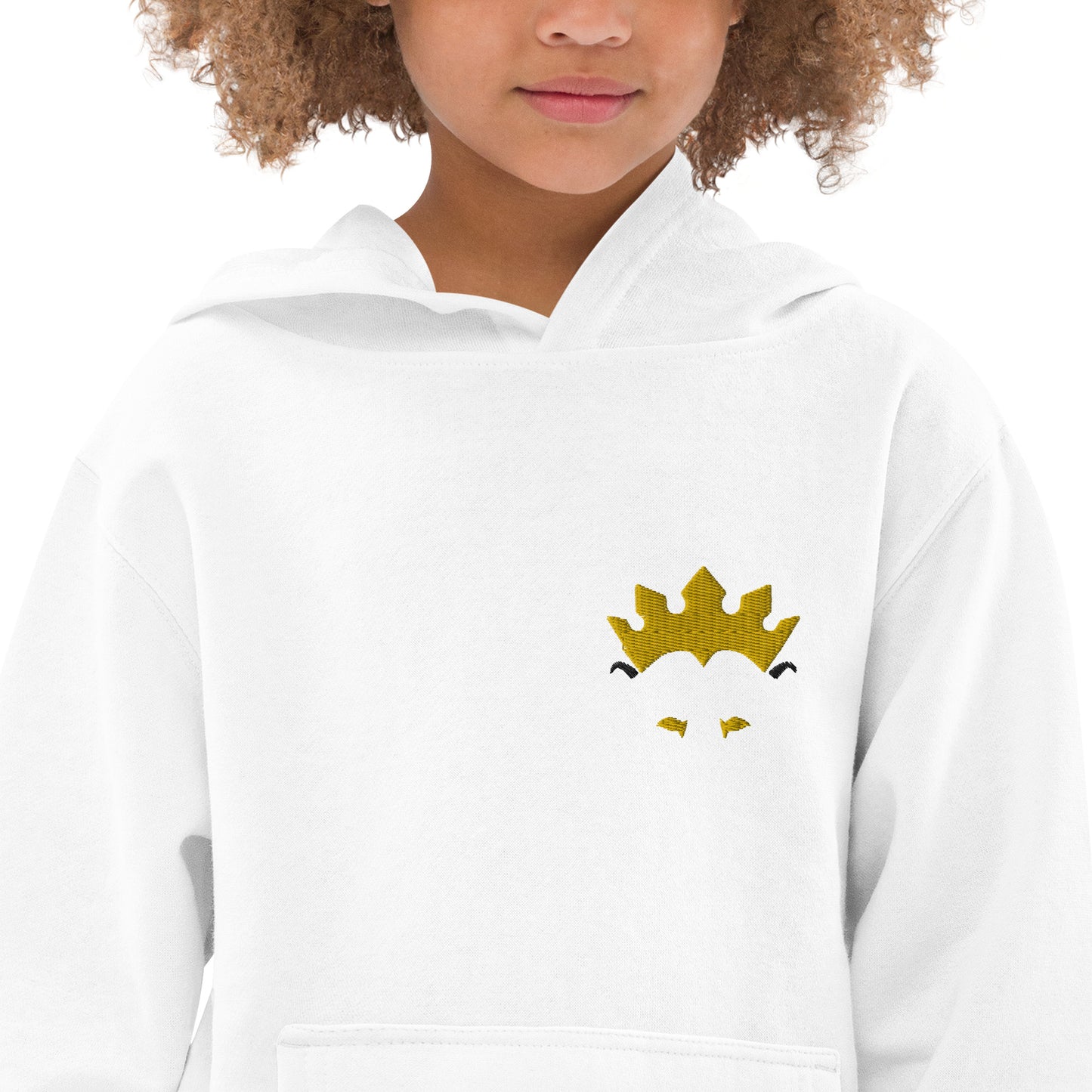 THSR Youth Pullover Hoodies with Left-Chest Logo – White Pullover Hoodies Featuring Black & Gold THSR KING Lion wearing a crown Design for Kids