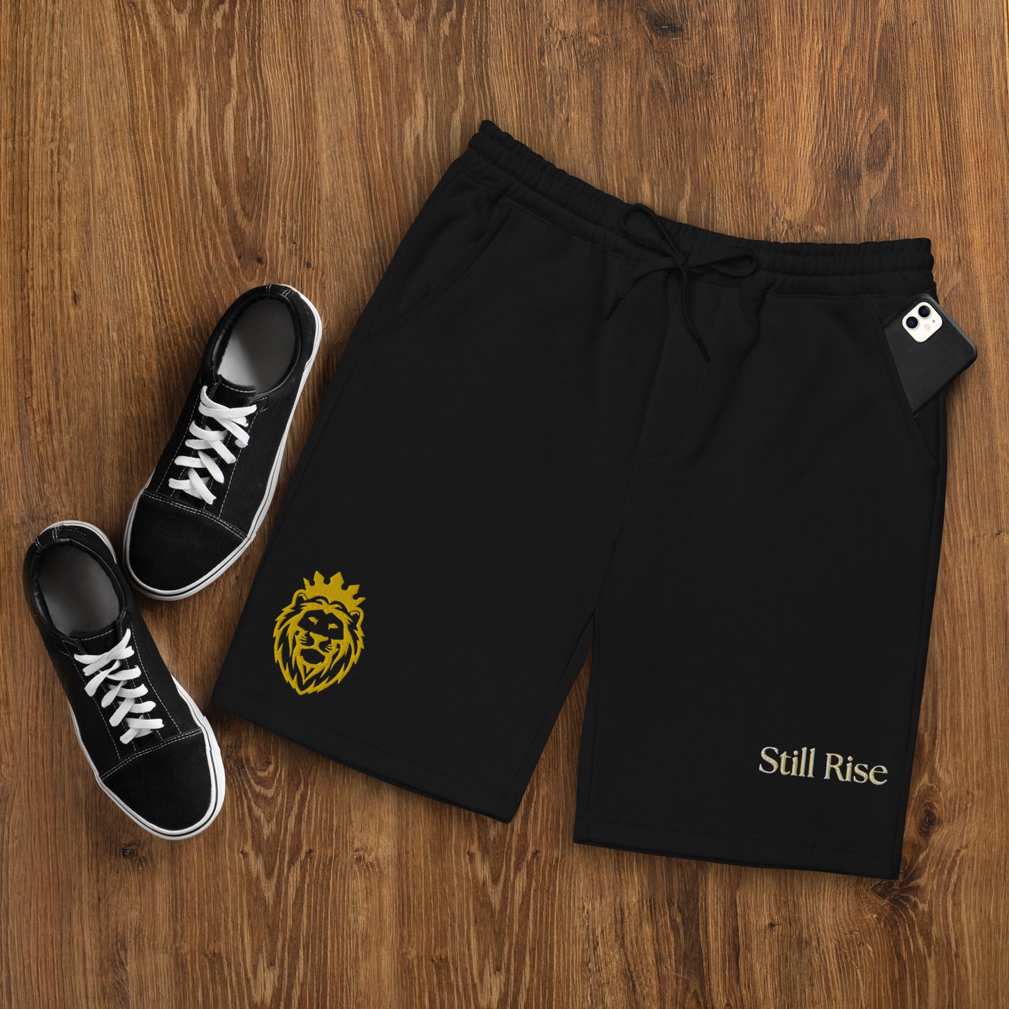 THSR Adult Fleece Shorts - Black or White with Embroidered Gold KING Lion and Bold Gold "Still Rise" Design