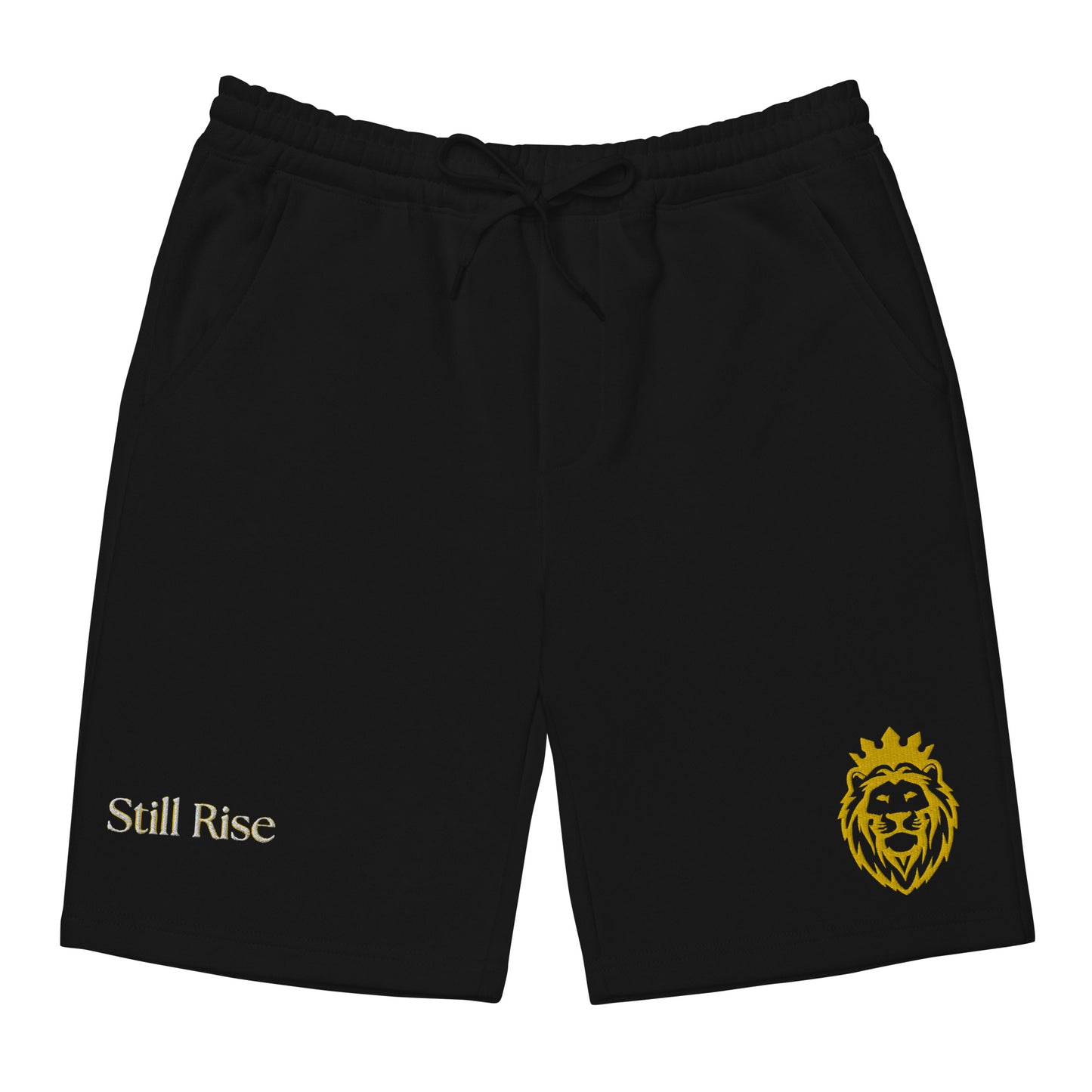 THSR Adult Fleece Shorts - Black or White with Embroidered Gold KING Lion and Bold Gold "Still Rise" Design