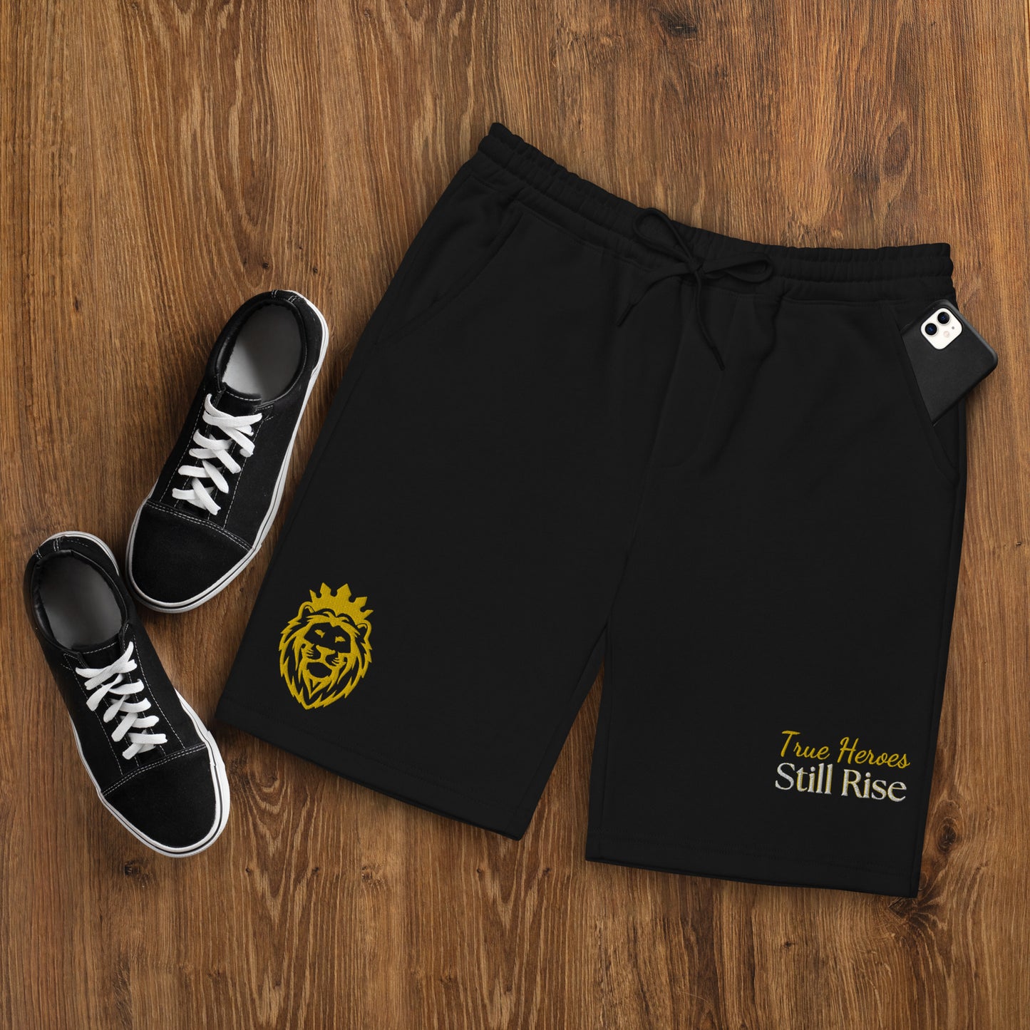 THSR Adult Fleece Shorts - Black or White with Embroidered Gold KING Lion and Bold Gold "True Heroes Still Rise" Design