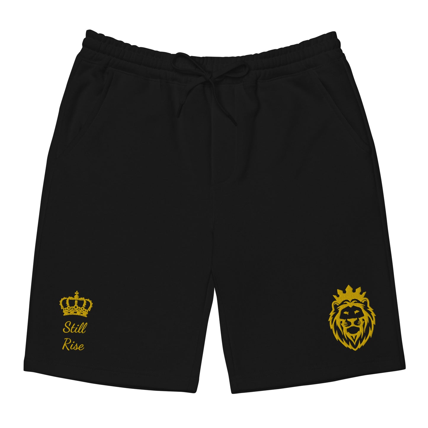 THSR Adult Fleece Shorts - Black or White with Embroidered Gold KING Lion and Gold "Still Rise" Design