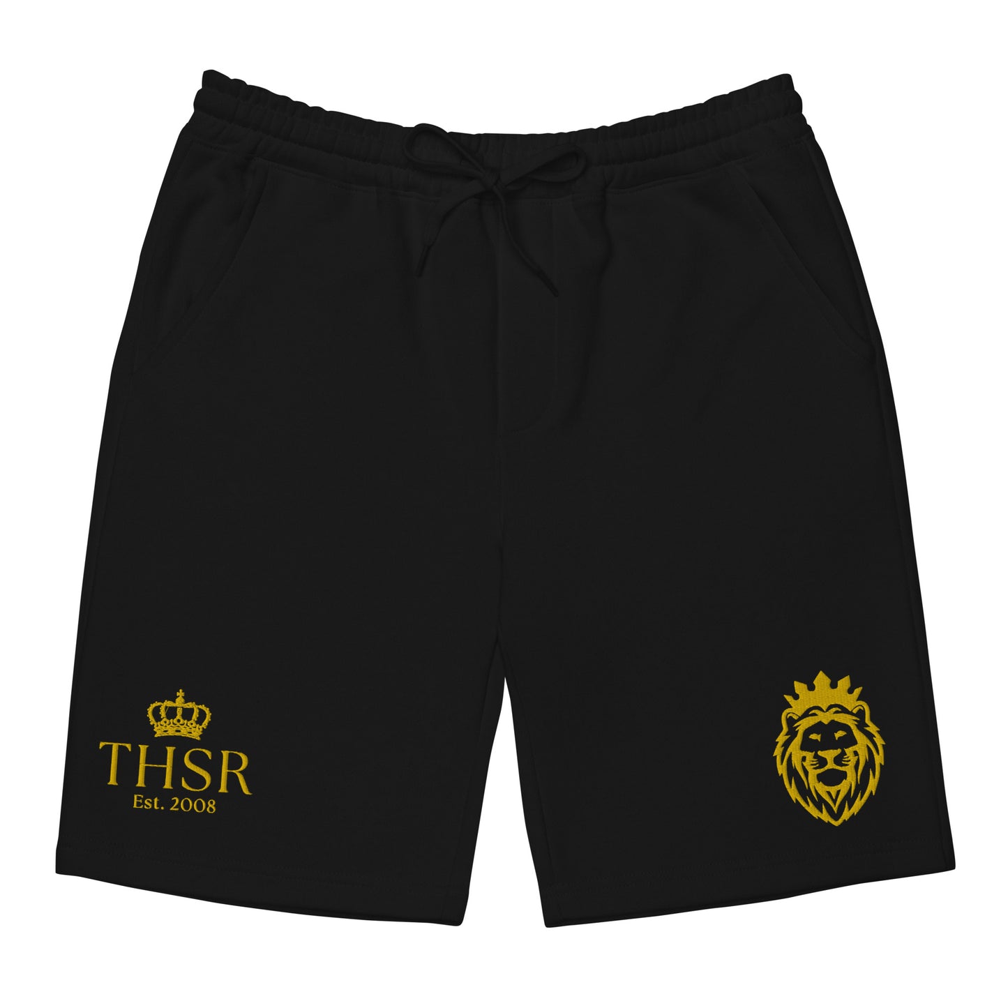 THSR Adult Fleece Shorts - Black or White with Embroidered Gold KING Lion and Gold "THSR Est. 2008" Design