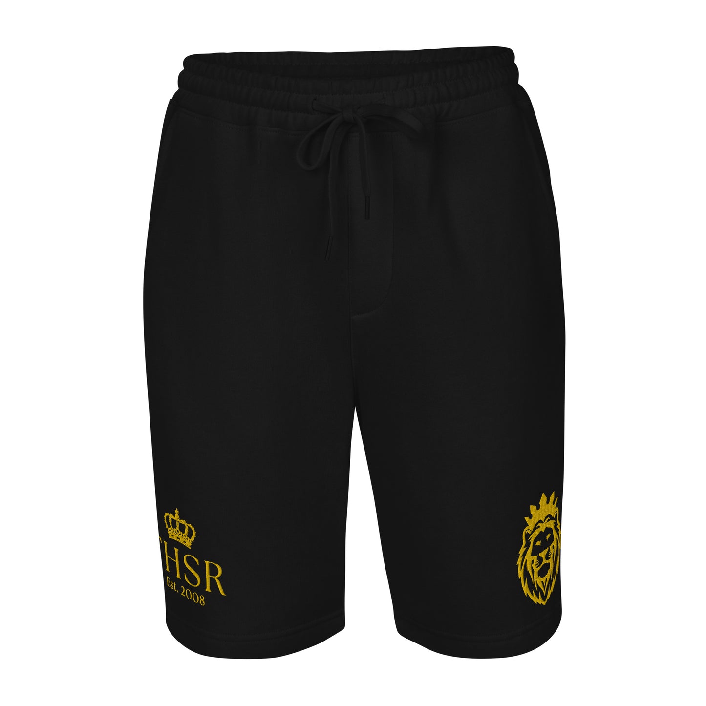 THSR Adult Fleece Shorts - Black or White with Embroidered Gold KING Lion and Gold "THSR Est. 2008" Design