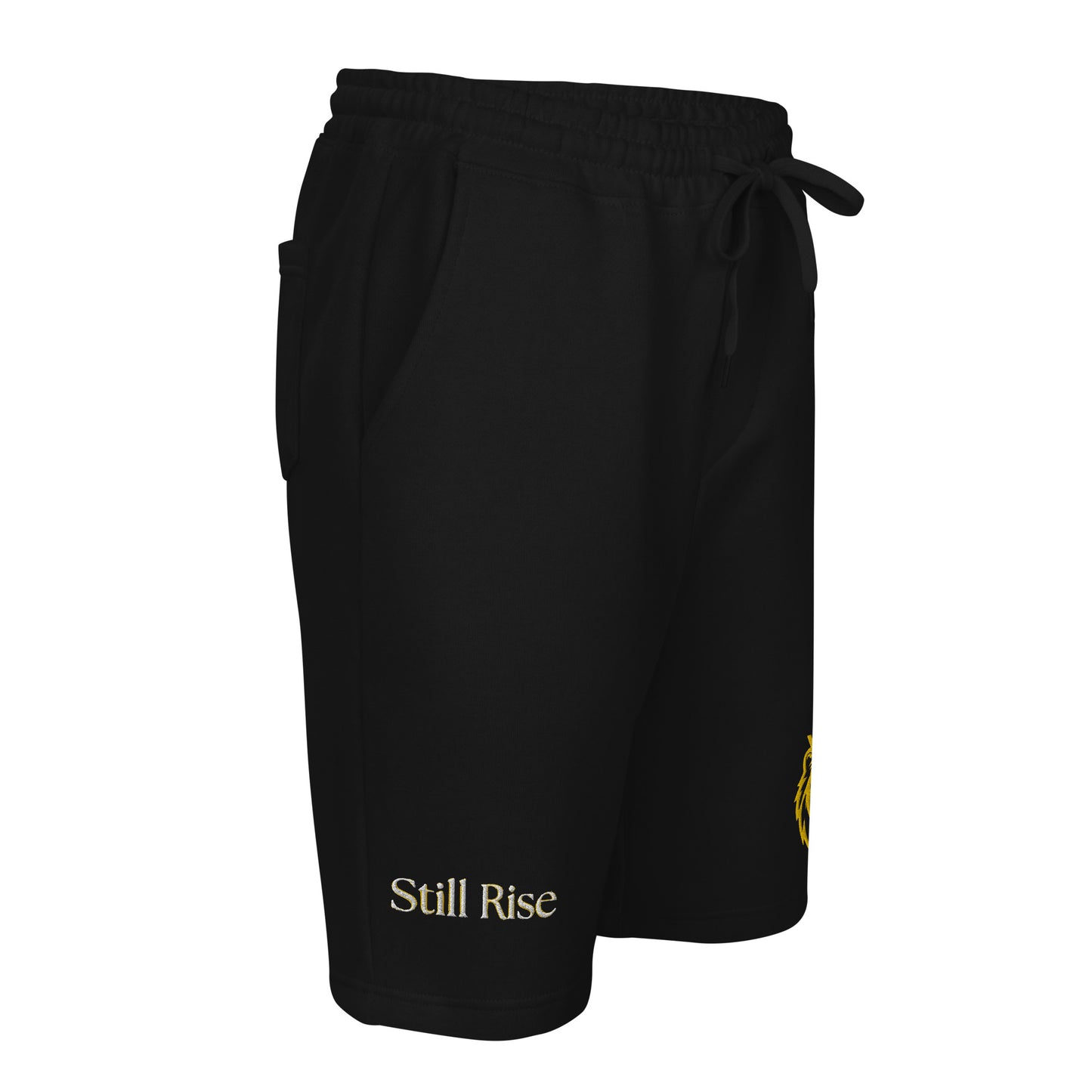 THSR Adult Fleece Shorts - Black or White with Embroidered Gold KING Lion and Bold Gold "Still Rise" Design