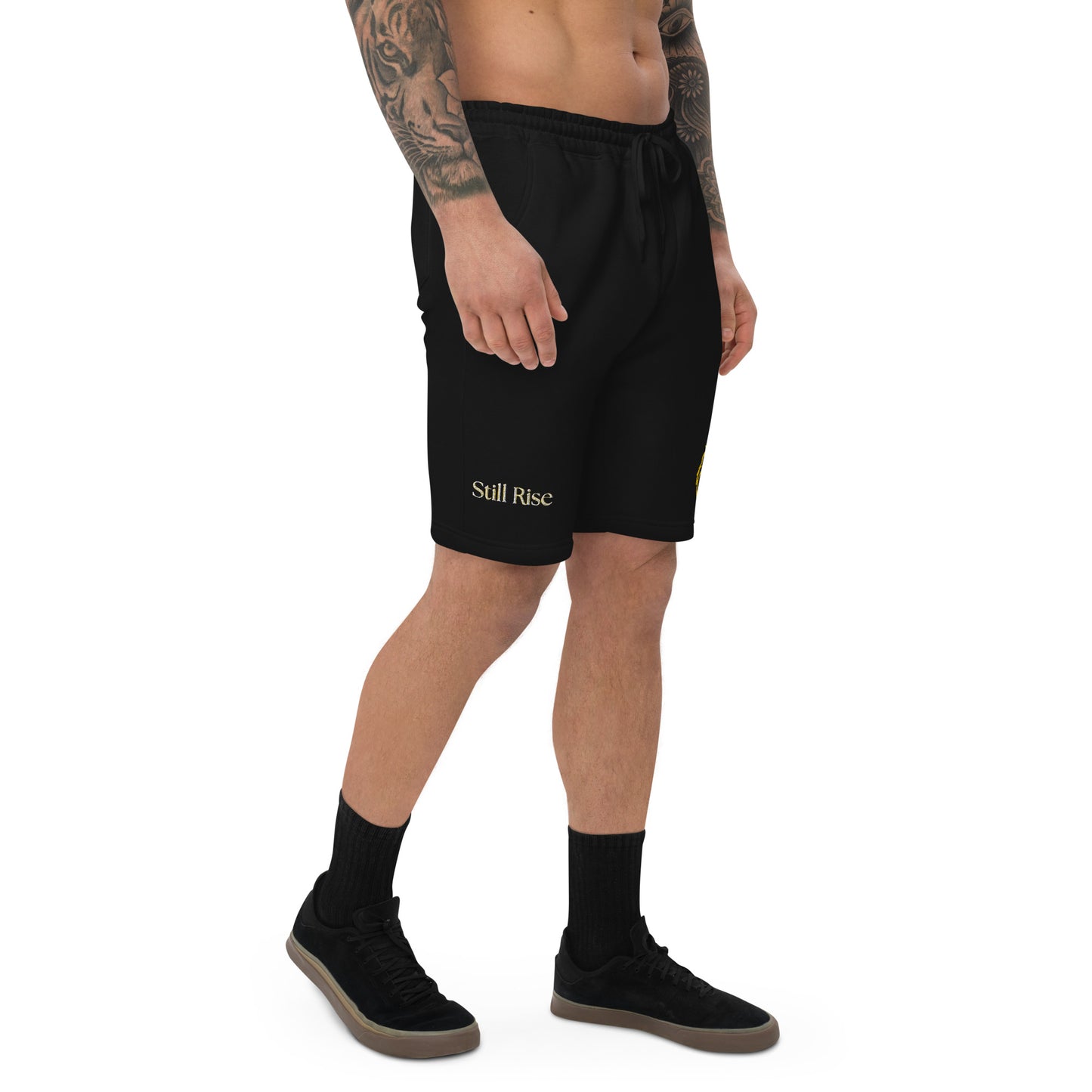 THSR Adult Fleece Shorts - Black or White with Embroidered Gold KING Lion and Bold Gold "Still Rise" Design