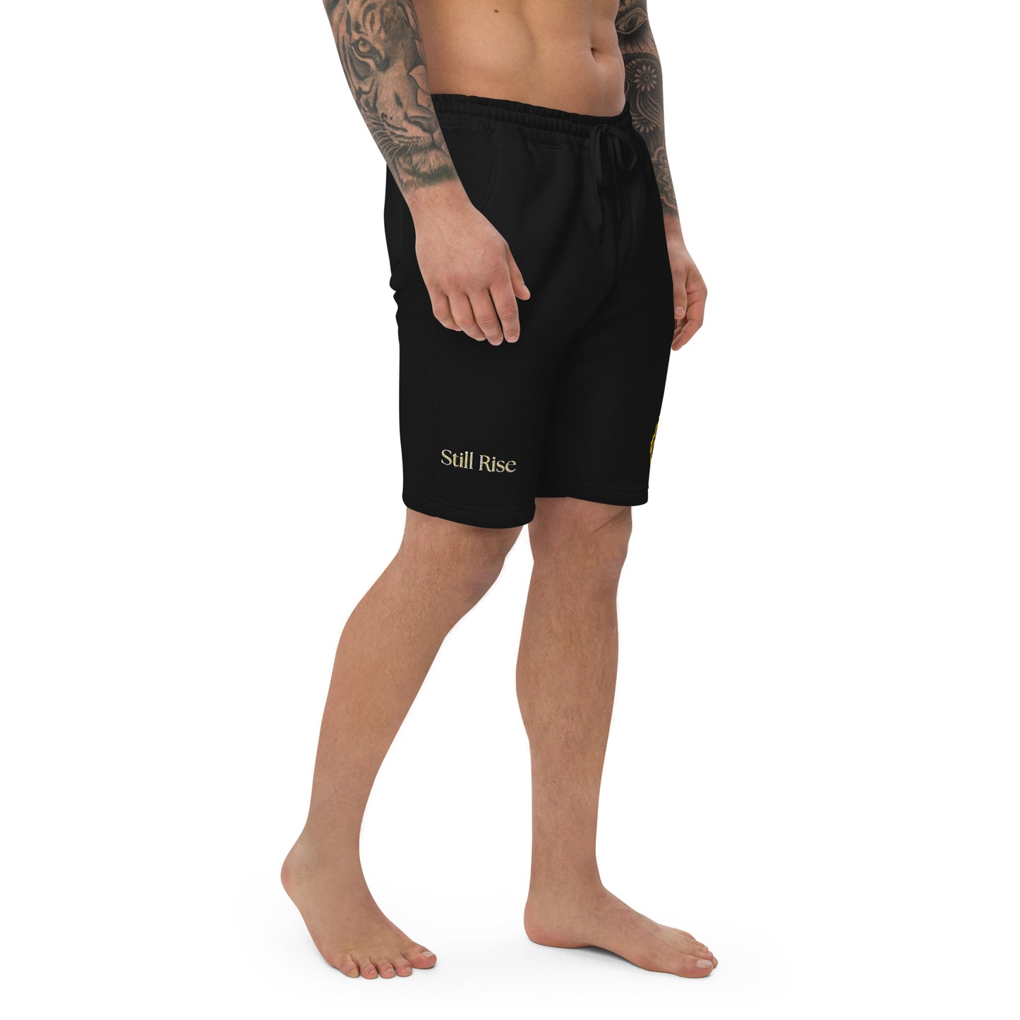 THSR Adult Fleece Shorts - Black or White with Embroidered Gold KING Lion and Bold Gold "Still Rise" Design