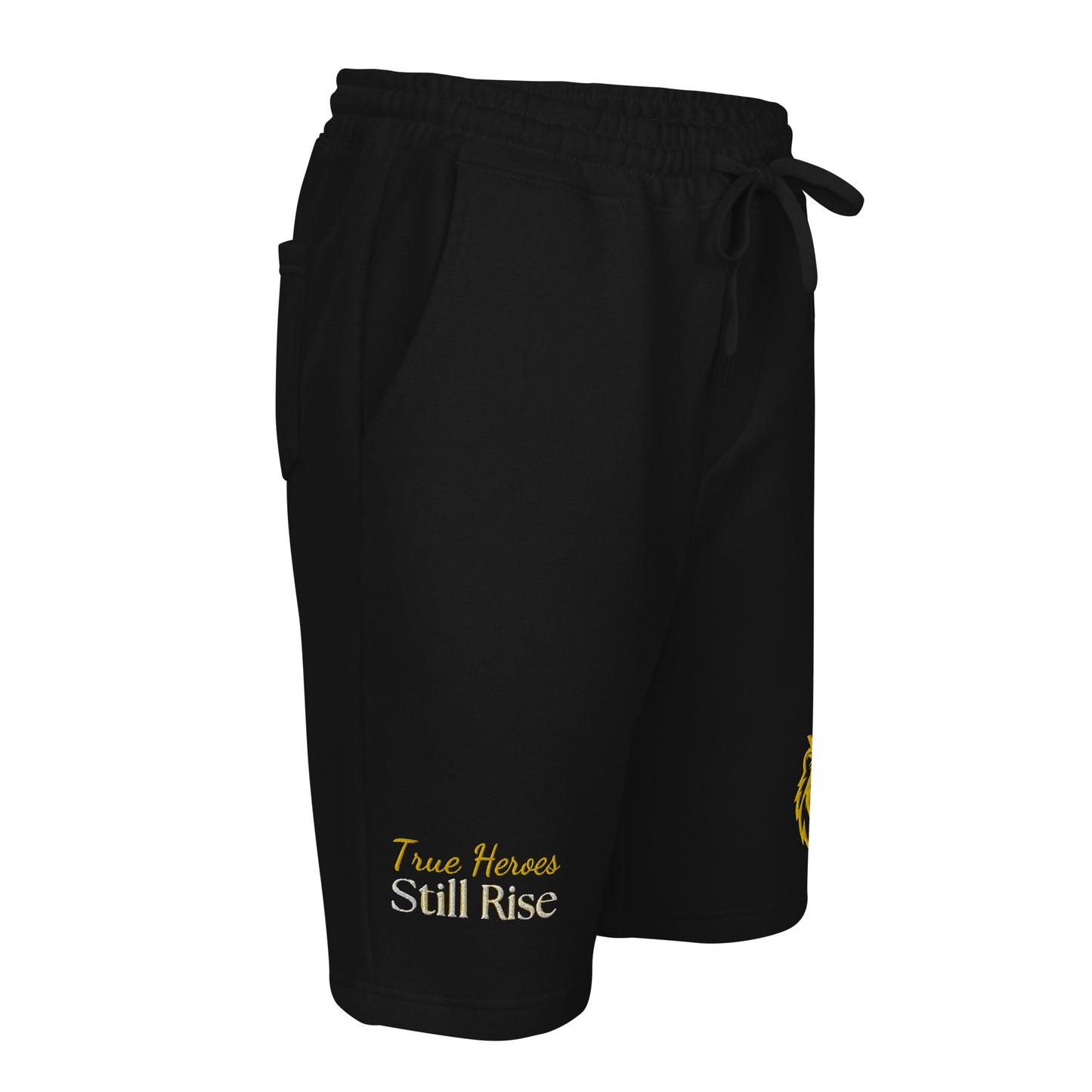 THSR Adult Fleece Shorts - Black or White with Embroidered Gold KING Lion and Bold Gold "True Heroes Still Rise" Design