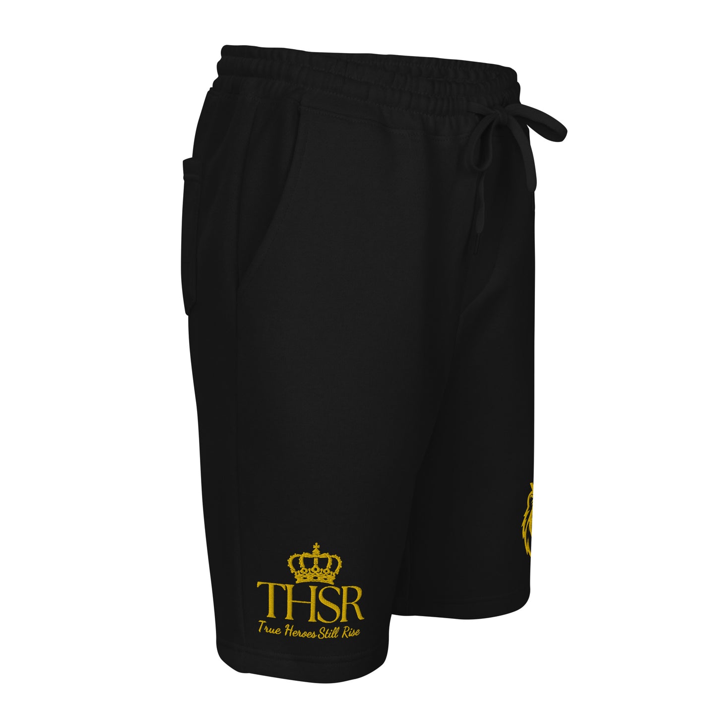 THSR Adult Fleece Shorts - Black or White with Embroidered Gold KING Lion and Gold "THSR True Heroes Still Rise" Design