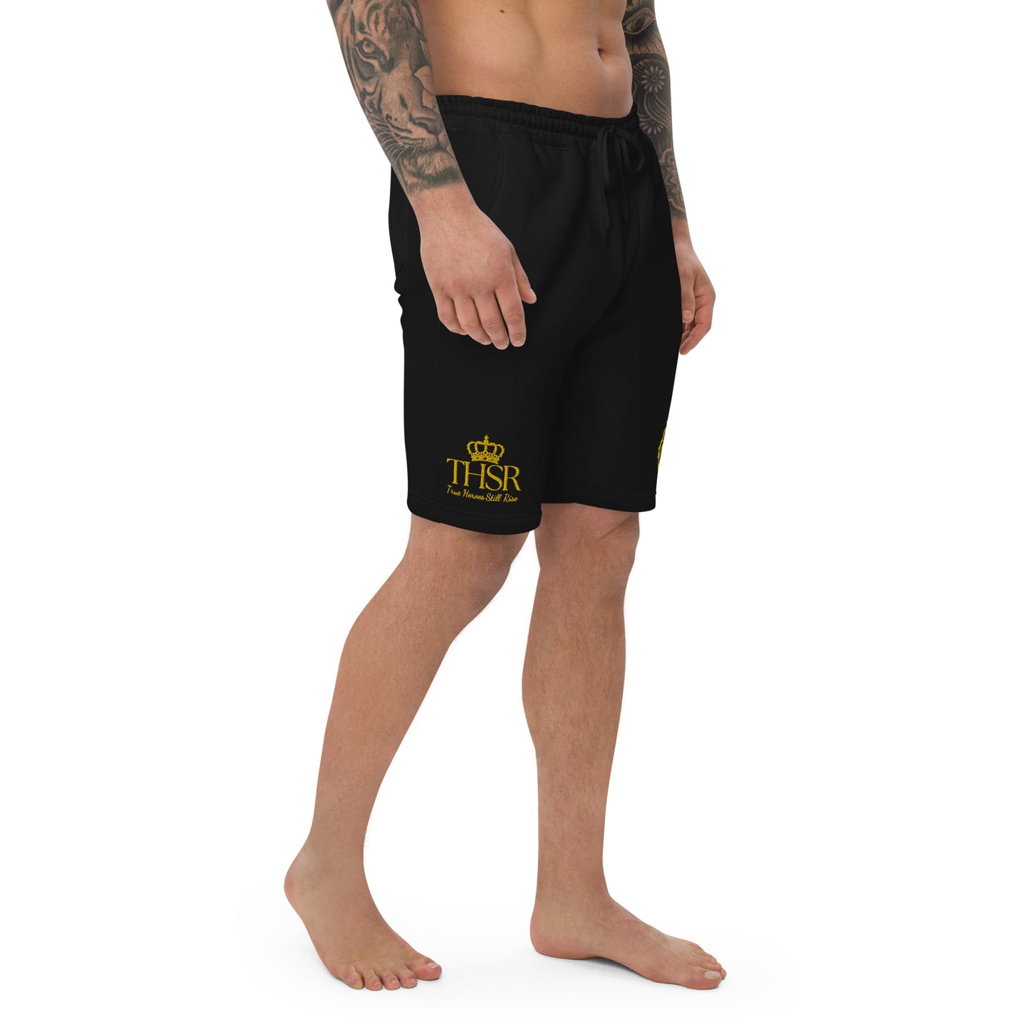 THSR Adult Fleece Shorts - Black or White with Embroidered Gold KING Lion and Gold "THSR True Heroes Still Rise" Design