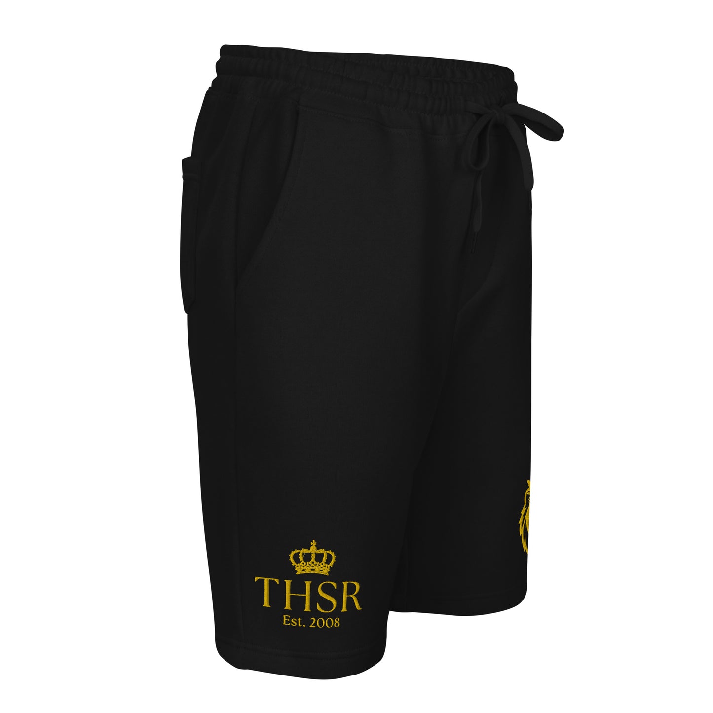 THSR Adult Fleece Shorts - Black or White with Embroidered Gold KING Lion and Gold "THSR Est. 2008" Design