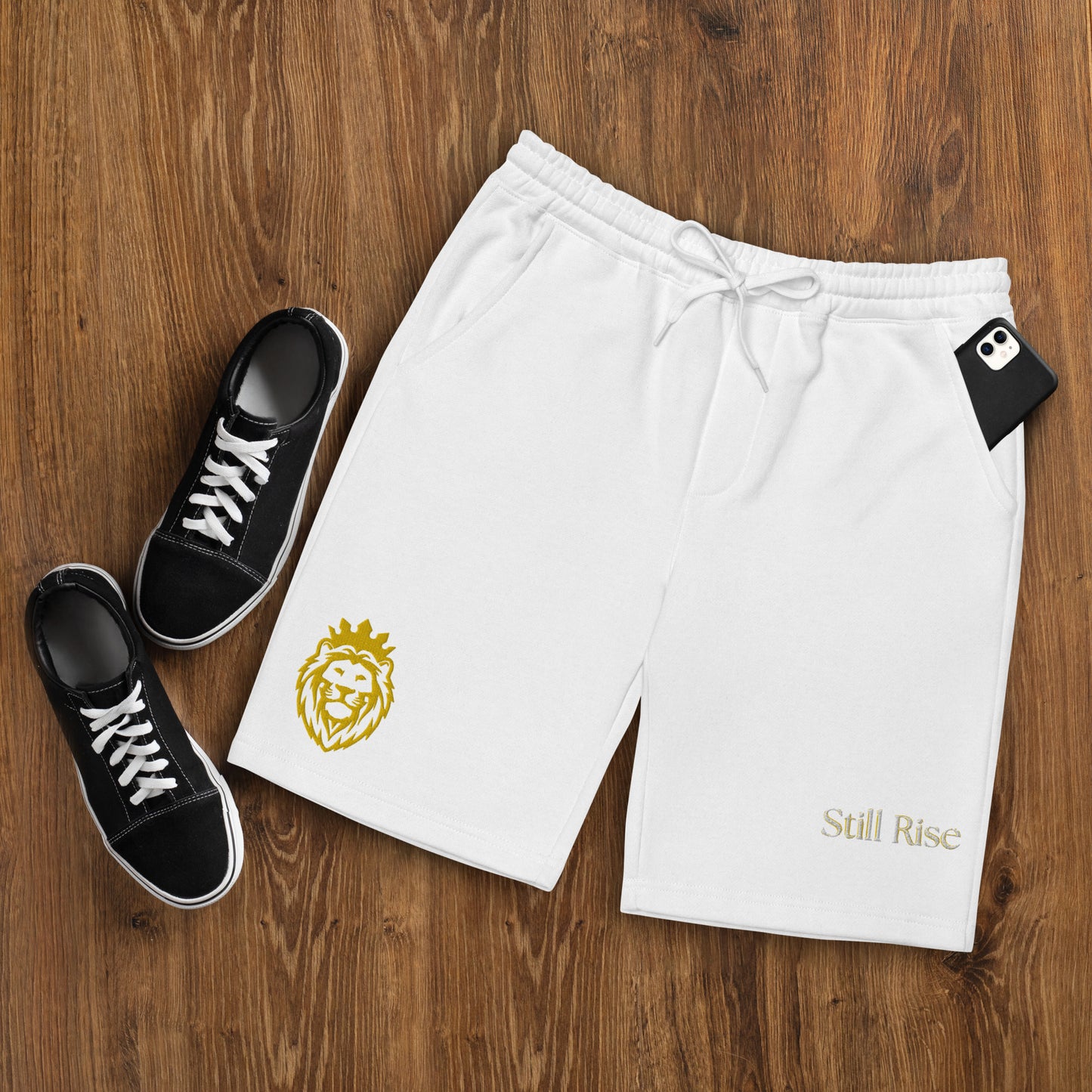 THSR Adult Fleece Shorts - Black or White with Embroidered Gold KING Lion and Bold Gold "Still Rise" Design