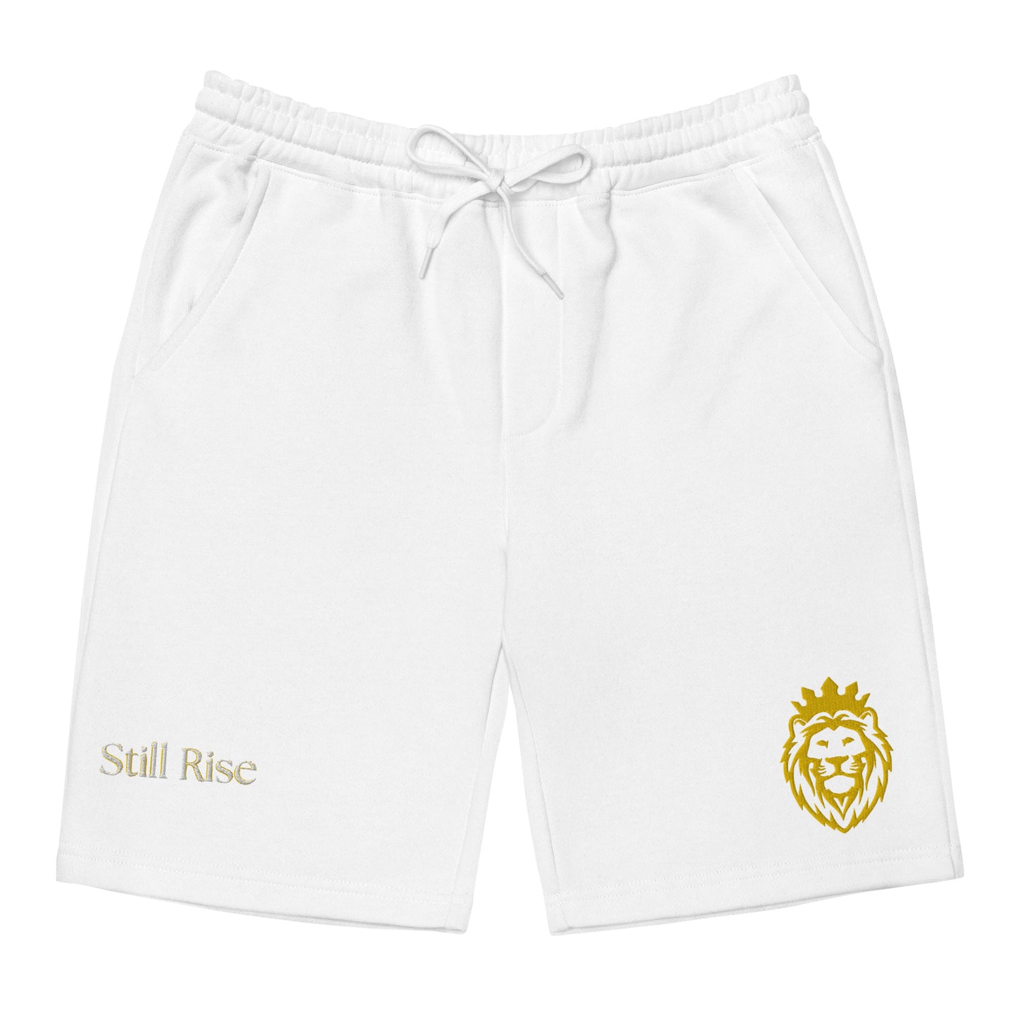 THSR Adult Fleece Shorts - Black or White with Embroidered Gold KING Lion and Bold Gold "Still Rise" Design