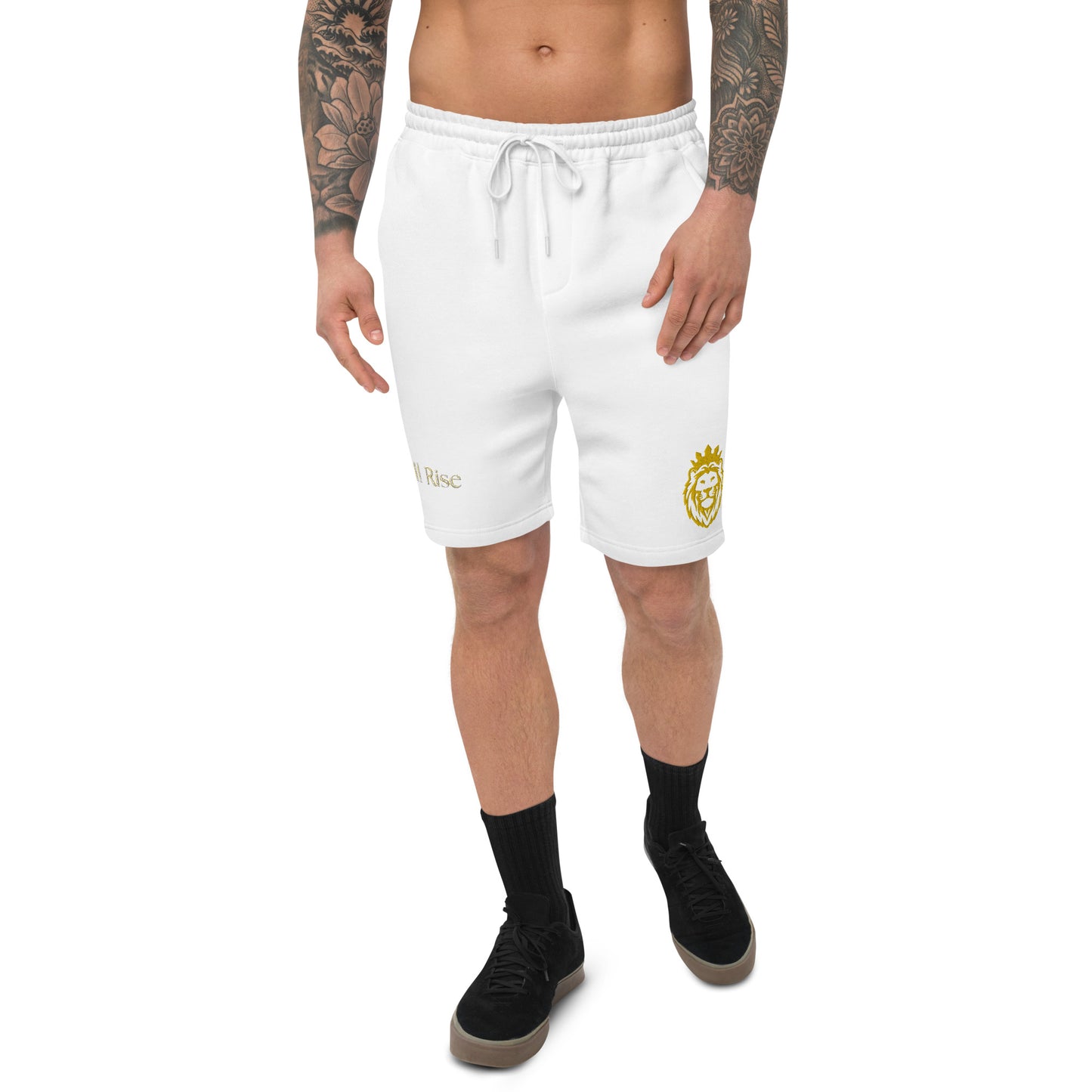 THSR Adult Fleece Shorts - Black or White with Embroidered Gold KING Lion and Bold Gold "Still Rise" Design