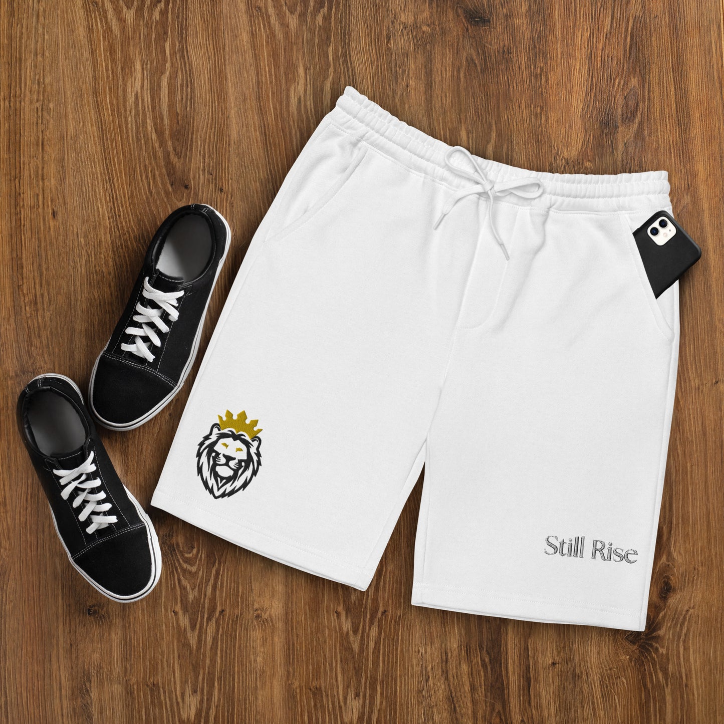 THSR White Adult Fleece Shorts - Embroidered Black & Gold KING Lion and Bold Black "Still Rise" Design