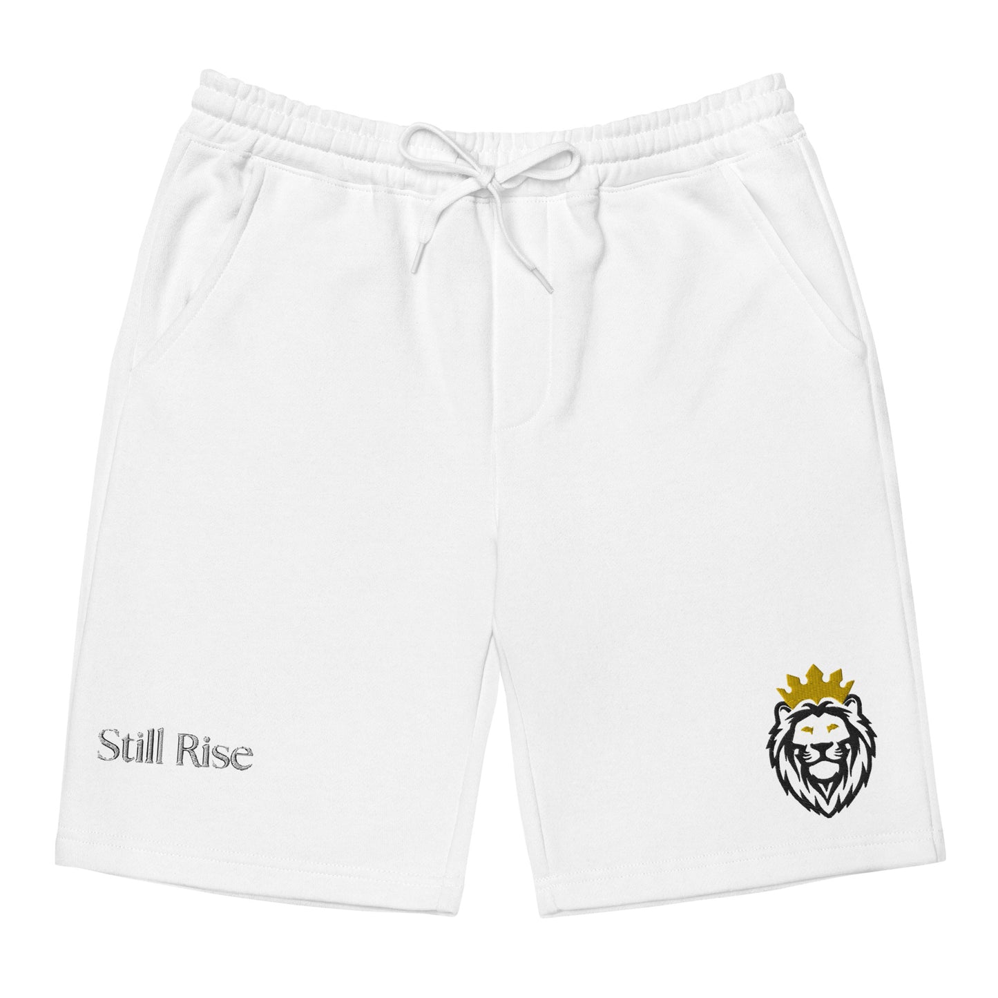 THSR White Adult Fleece Shorts - Embroidered Black & Gold KING Lion and Bold Black "Still Rise" Design