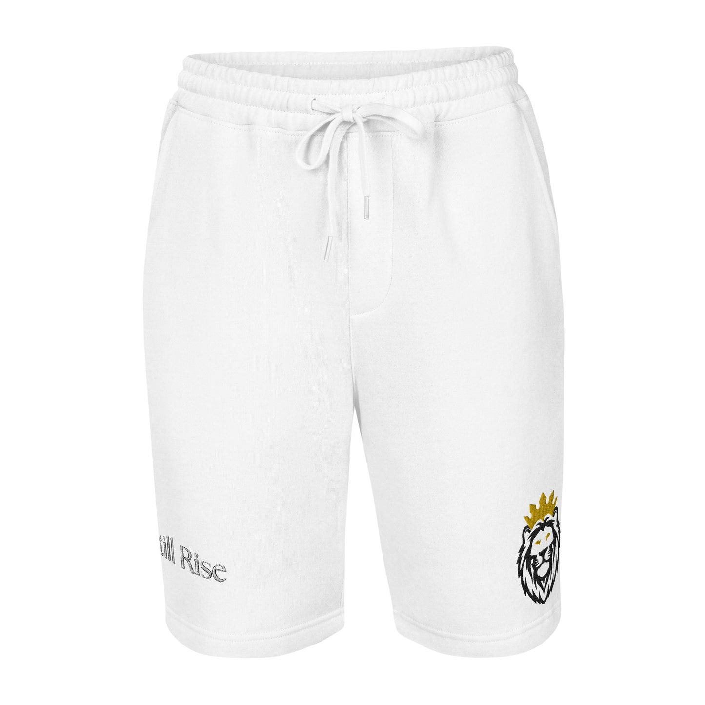 THSR White Adult Fleece Shorts - Embroidered Black & Gold KING Lion and Bold Black "Still Rise" Design