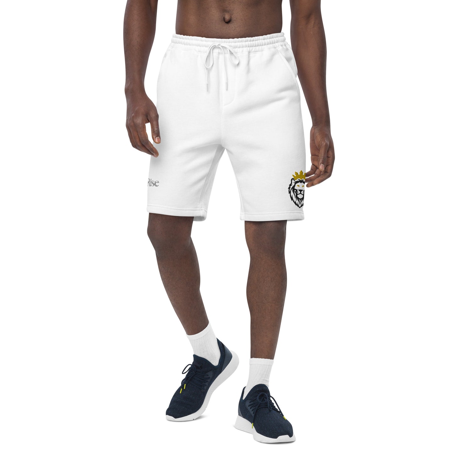 THSR White Adult Fleece Shorts - Embroidered Black & Gold KING Lion and Bold Black "Still Rise" Design