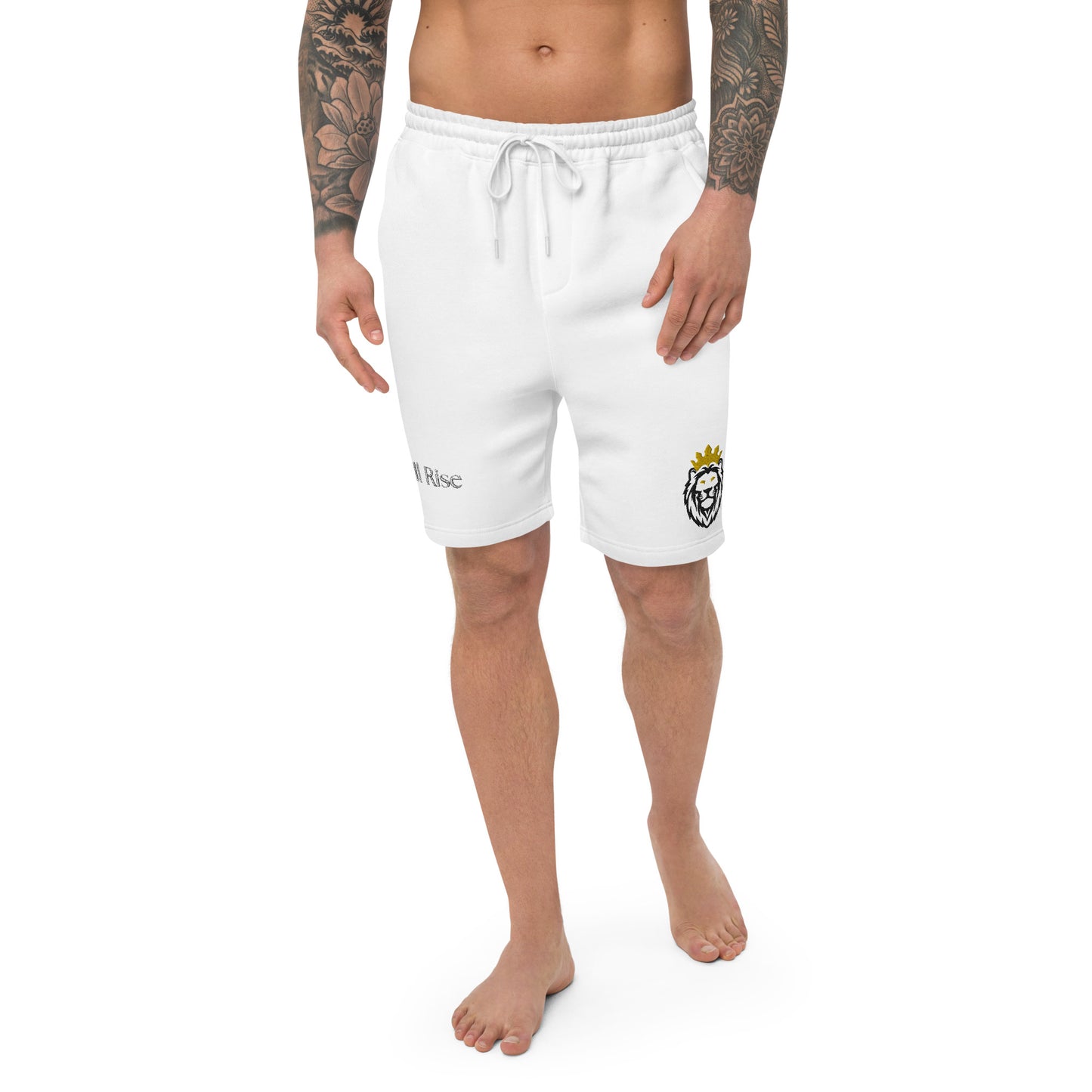 THSR White Adult Fleece Shorts - Embroidered Black & Gold KING Lion and Bold Black "Still Rise" Design