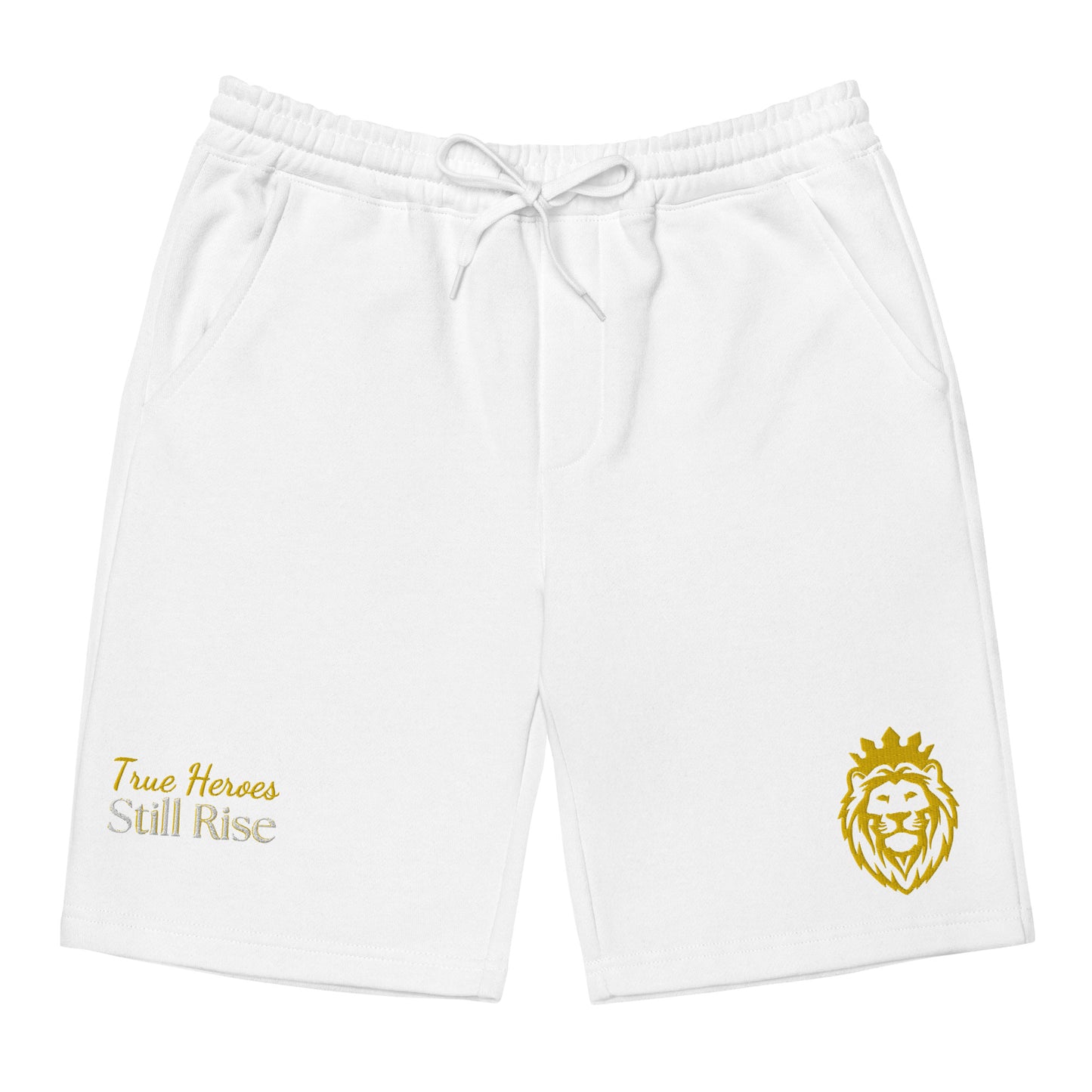 THSR Adult Fleece Shorts - Black or White with Embroidered Gold KING Lion and Bold Gold "True Heroes Still Rise" Design