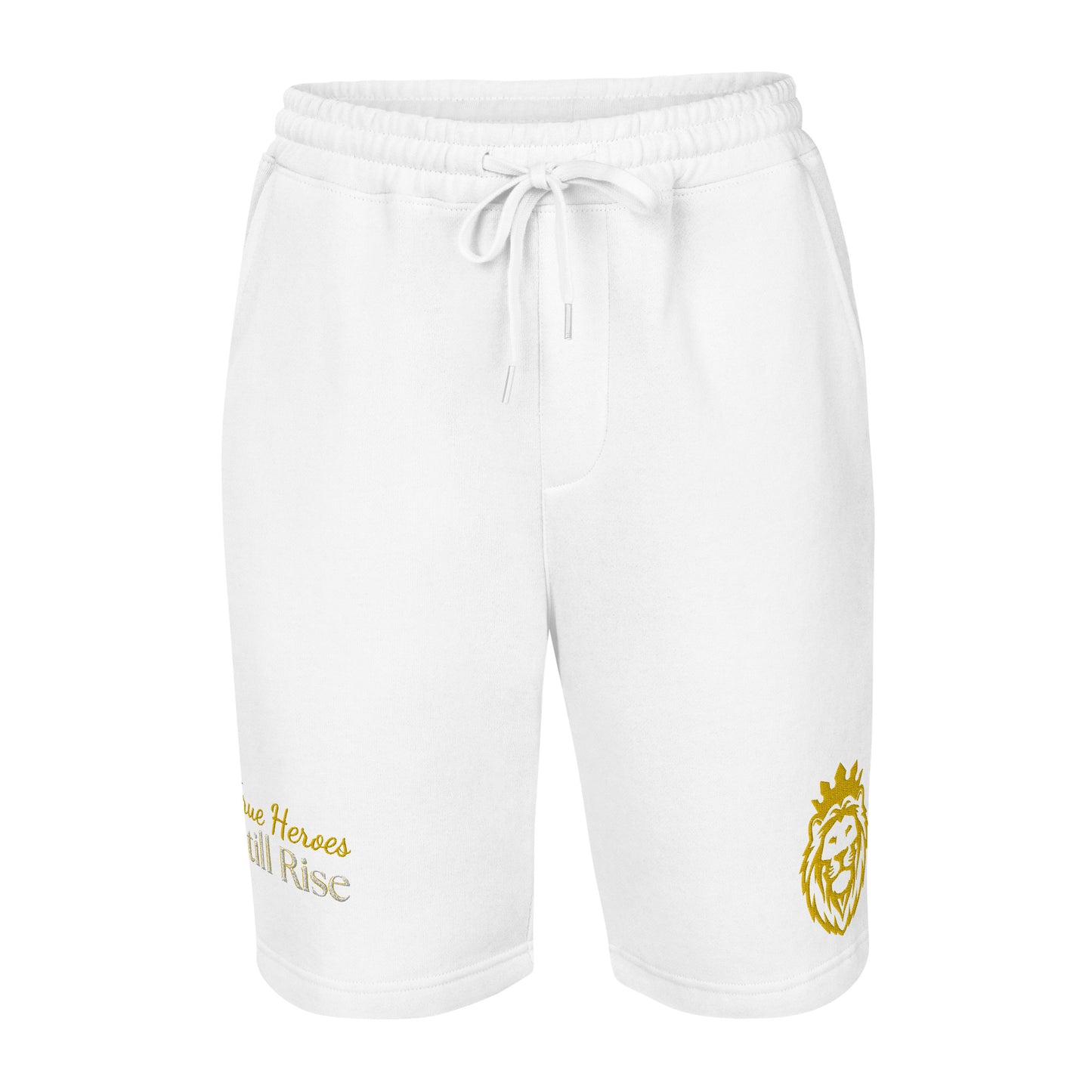 THSR Adult Fleece Shorts - Black or White with Embroidered Gold KING Lion and Bold Gold "True Heroes Still Rise" Design