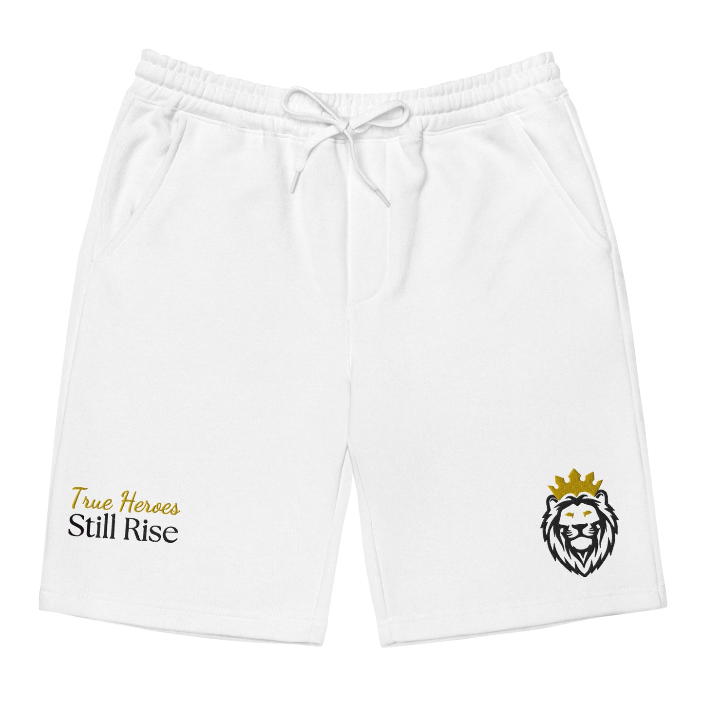 THSR White Adult Fleece Shorts - Embroidered Black & Gold KING Lion and Bold Gold and Black "True Heroes Still Rise" Design