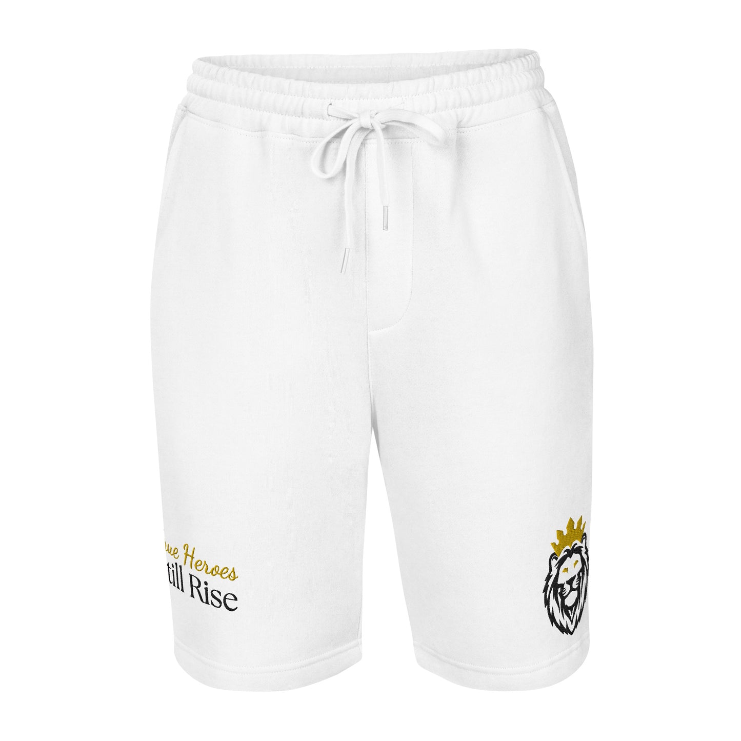 THSR White Adult Fleece Shorts - Embroidered Black & Gold KING Lion and Bold Gold and Black "True Heroes Still Rise" Design