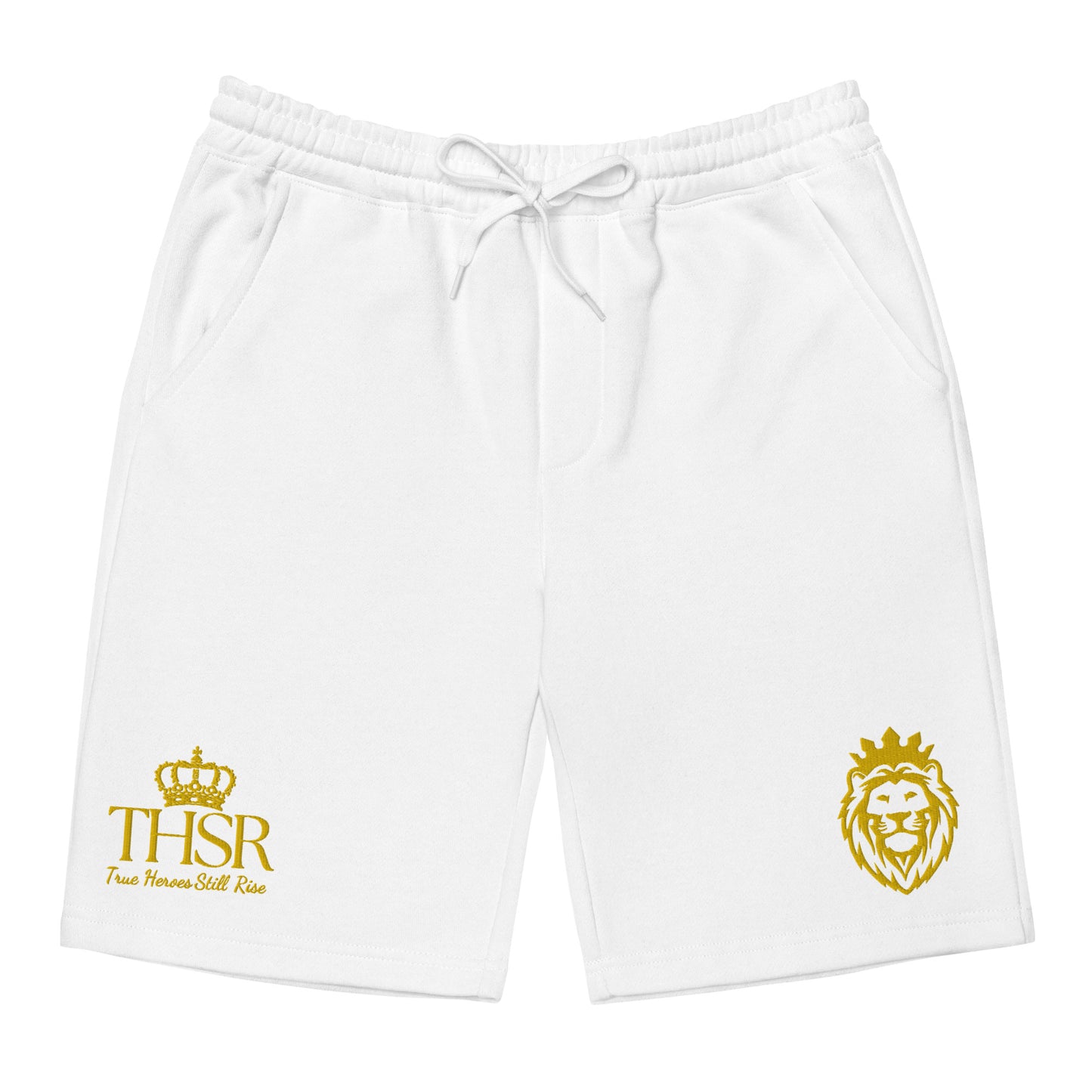 THSR Adult Fleece Shorts - Black or White with Embroidered Gold KING Lion and Gold "THSR True Heroes Still Rise" Design