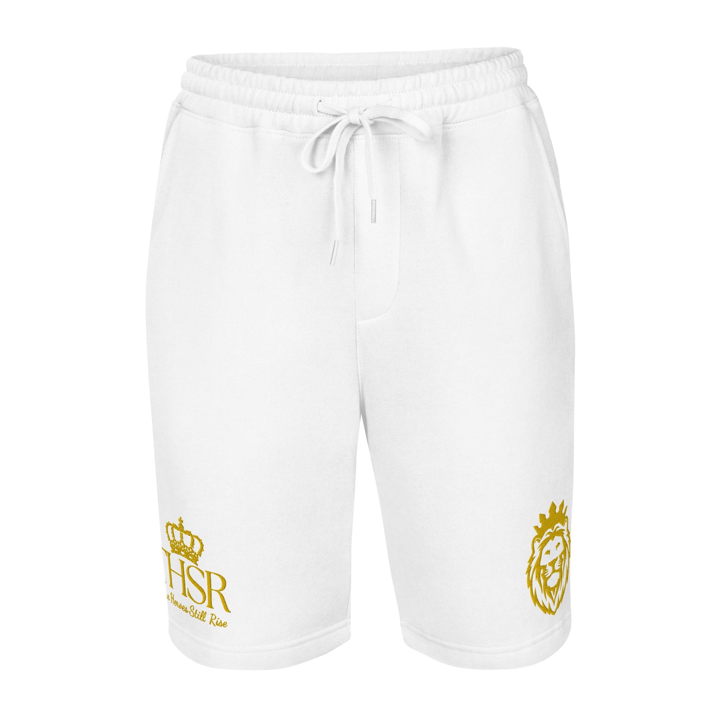 THSR Adult Fleece Shorts - Black or White with Embroidered Gold KING Lion and Gold "THSR True Heroes Still Rise" Design