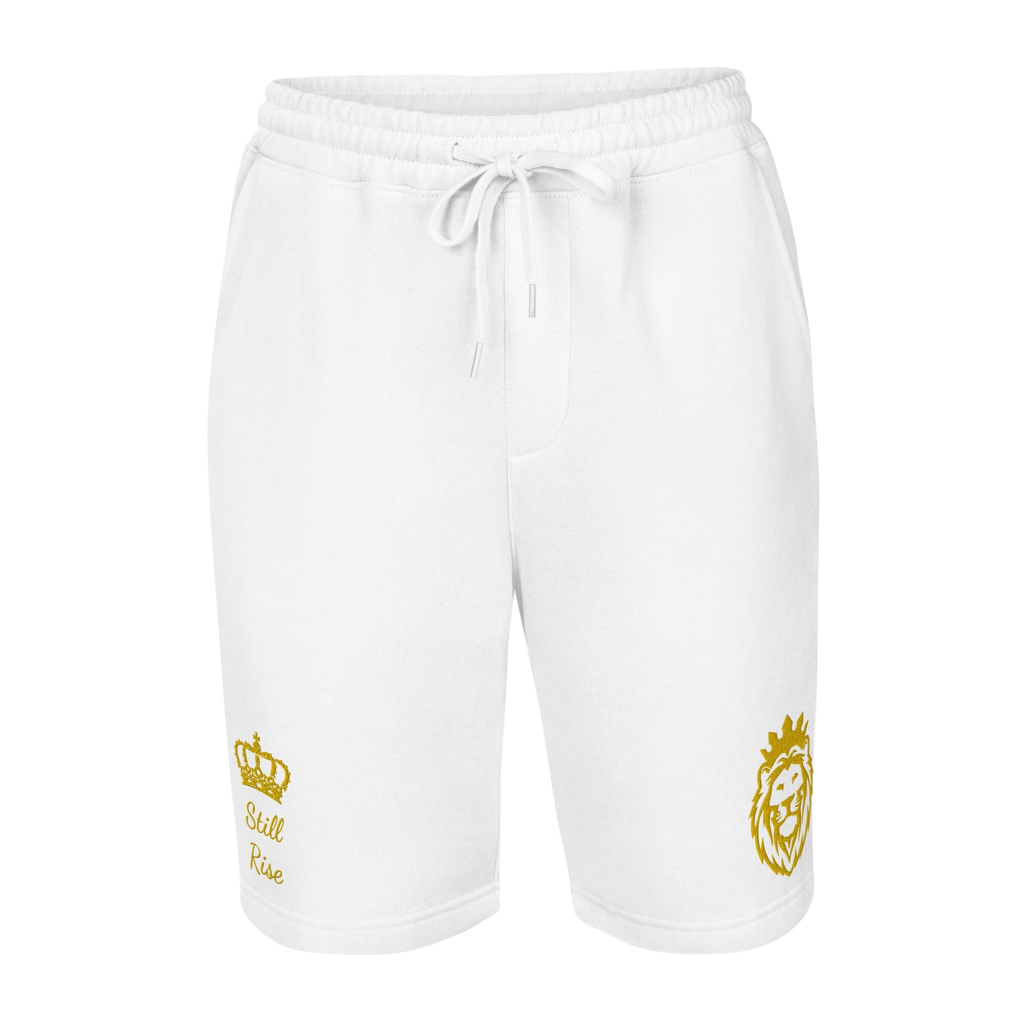 THSR Adult Fleece Shorts - Black or White with Embroidered Gold KING Lion and Gold "Still Rise" Design