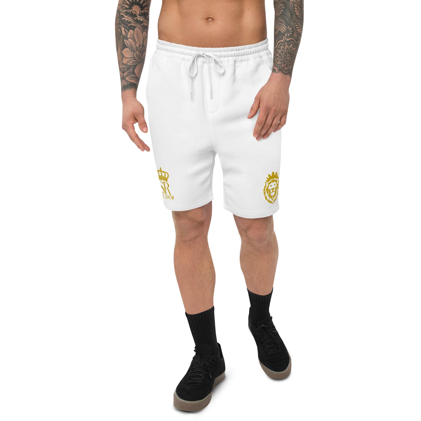 THSR Adult Fleece Shorts - Black or White with Embroidered Gold KING Lion and Gold "SR Est. 2008" Design