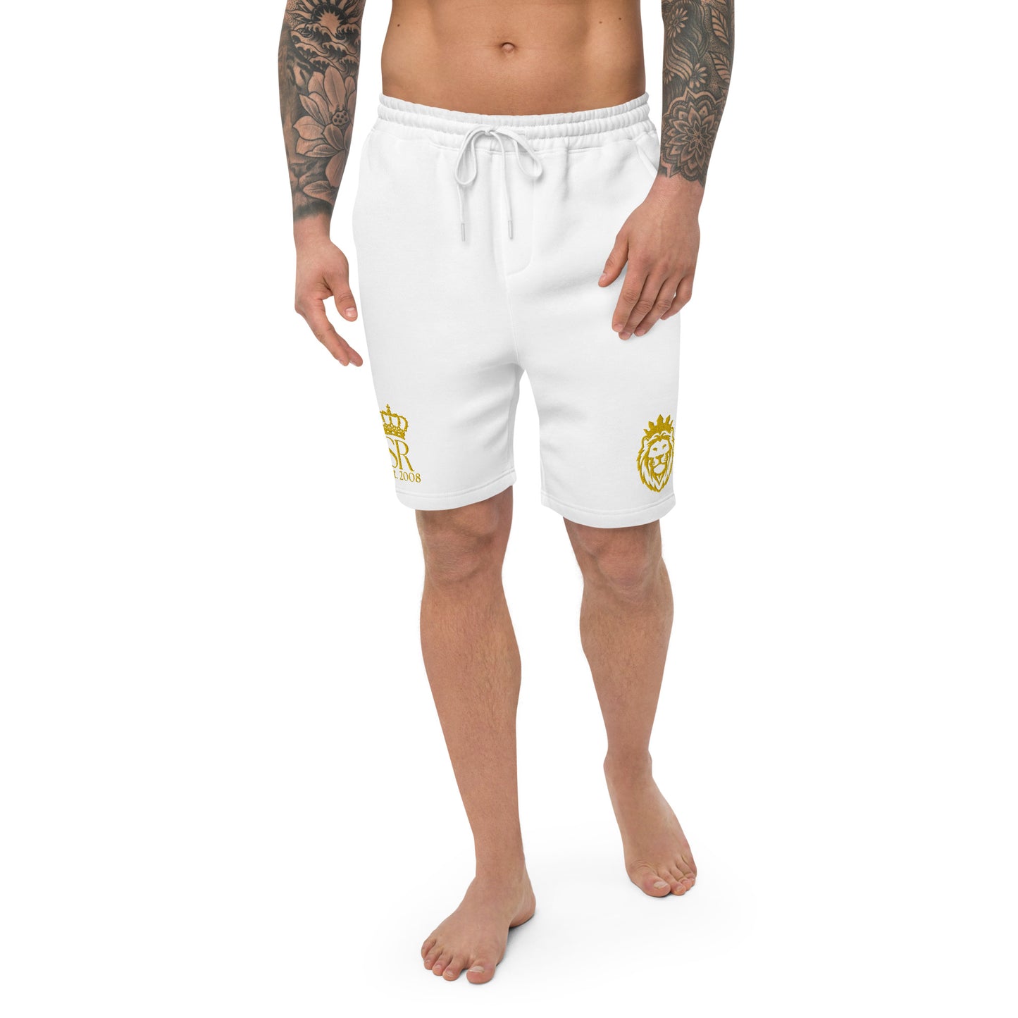 THSR Adult Fleece Shorts - Black or White with Embroidered Gold KING Lion and Gold "SR Est. 2008" Design