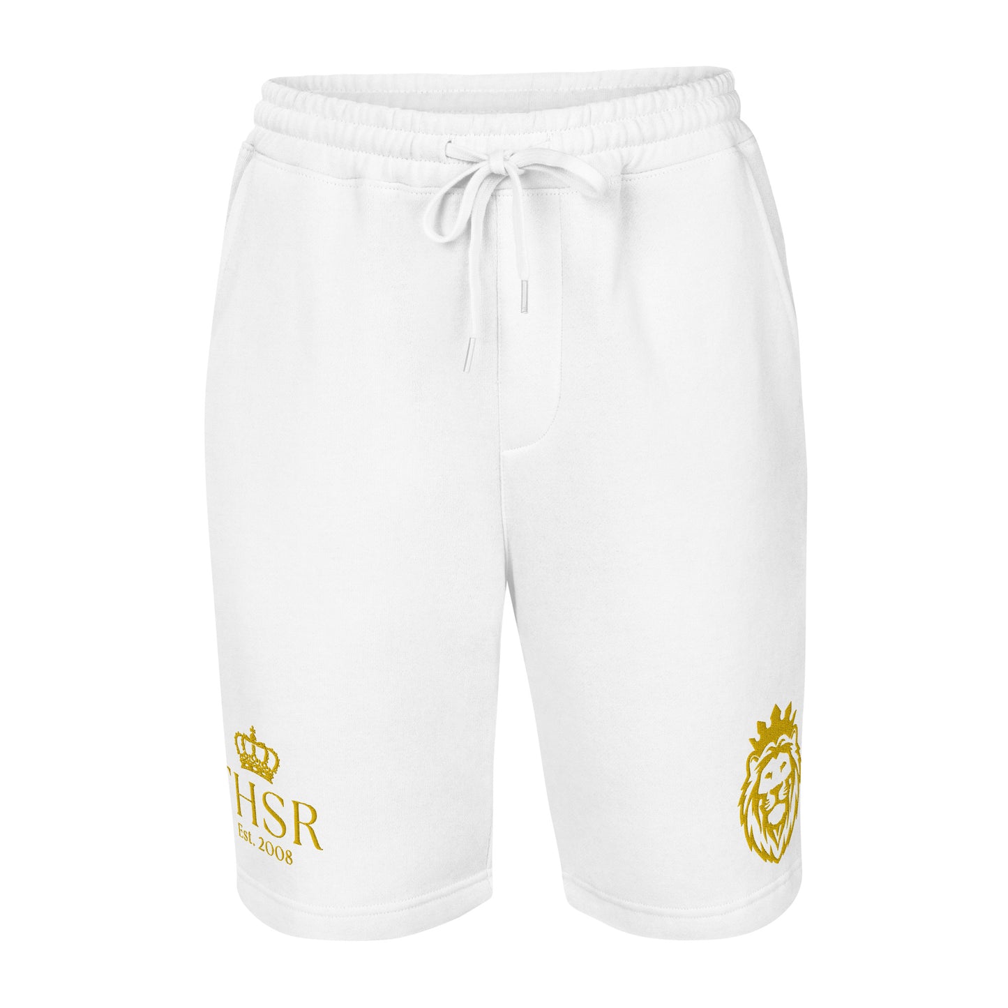 THSR Adult Fleece Shorts - Black or White with Embroidered Gold KING Lion and Gold "THSR Est. 2008" Design