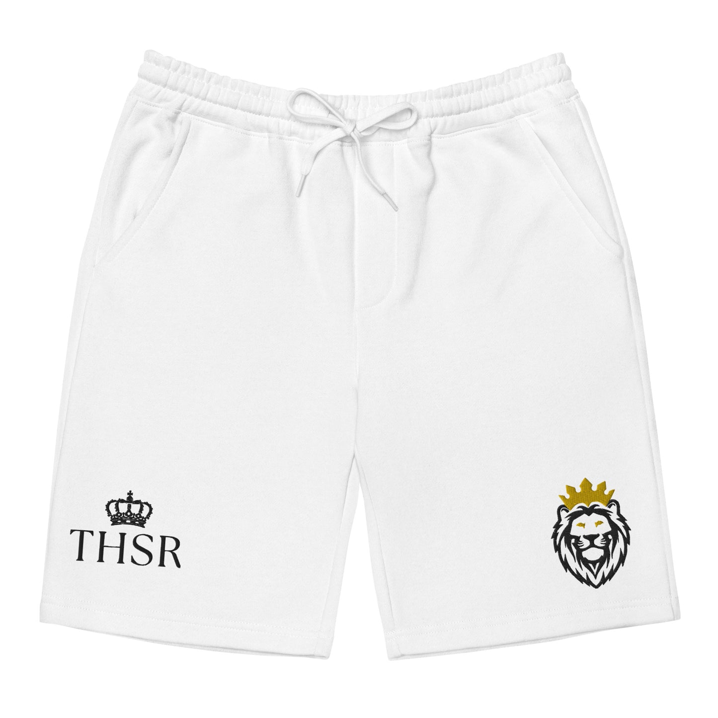 THSR White Adult Fleece Shorts - Embroidered Black & Gold KING Lion and Black "THSR" Design