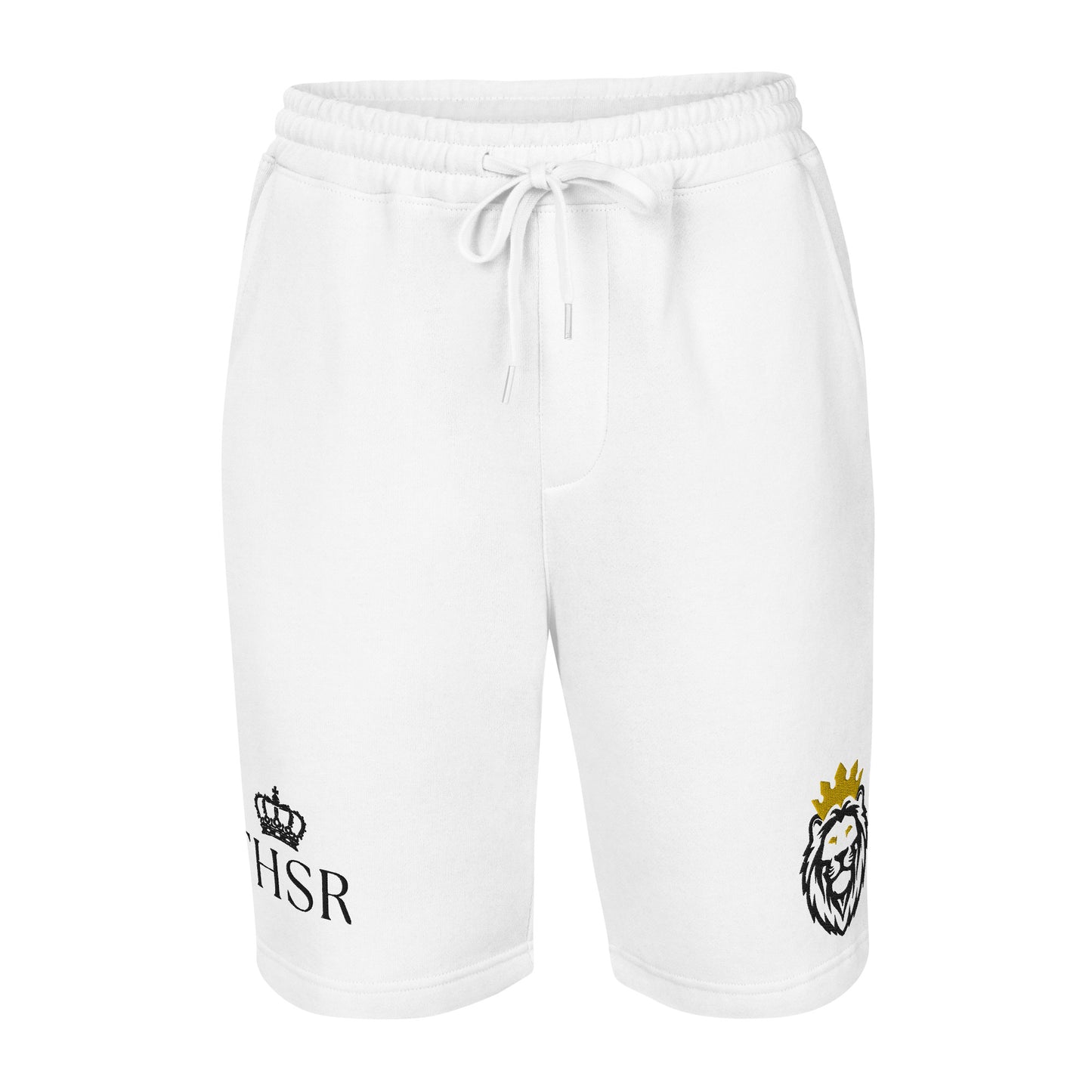 THSR White Adult Fleece Shorts - Embroidered Black & Gold KING Lion and Black "THSR" Design