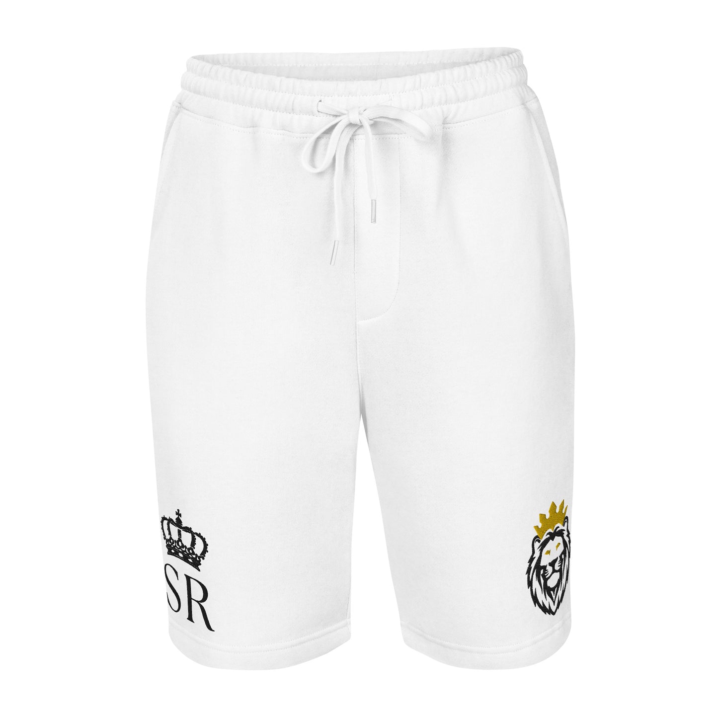 THSR White Adult Fleece Shorts - Embroidered Black & Gold KING Lion and Black "SR" Design