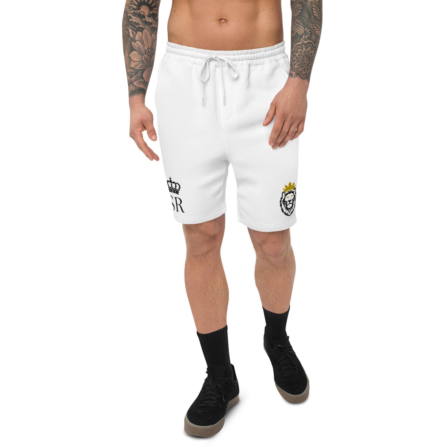 THSR White Adult Fleece Shorts - Embroidered Black & Gold KING Lion and Black "SR" Design