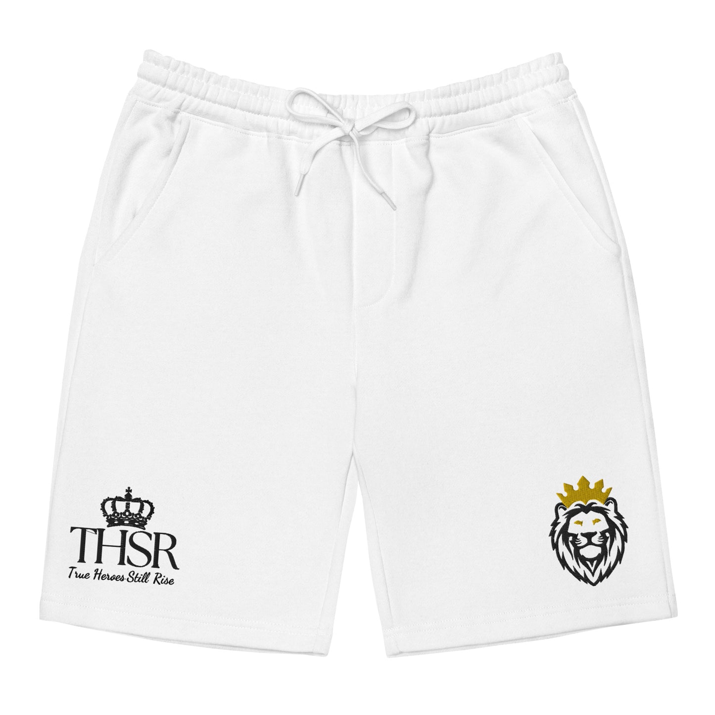 THSR White Adult Fleece Shorts - Embroidered Black & Gold KING Lion and Black "THSR True Heroes Still Rise" Design