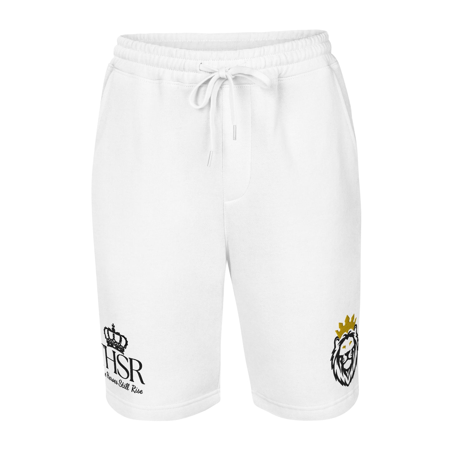 THSR White Adult Fleece Shorts - Embroidered Black & Gold KING Lion and Black "THSR True Heroes Still Rise" Design