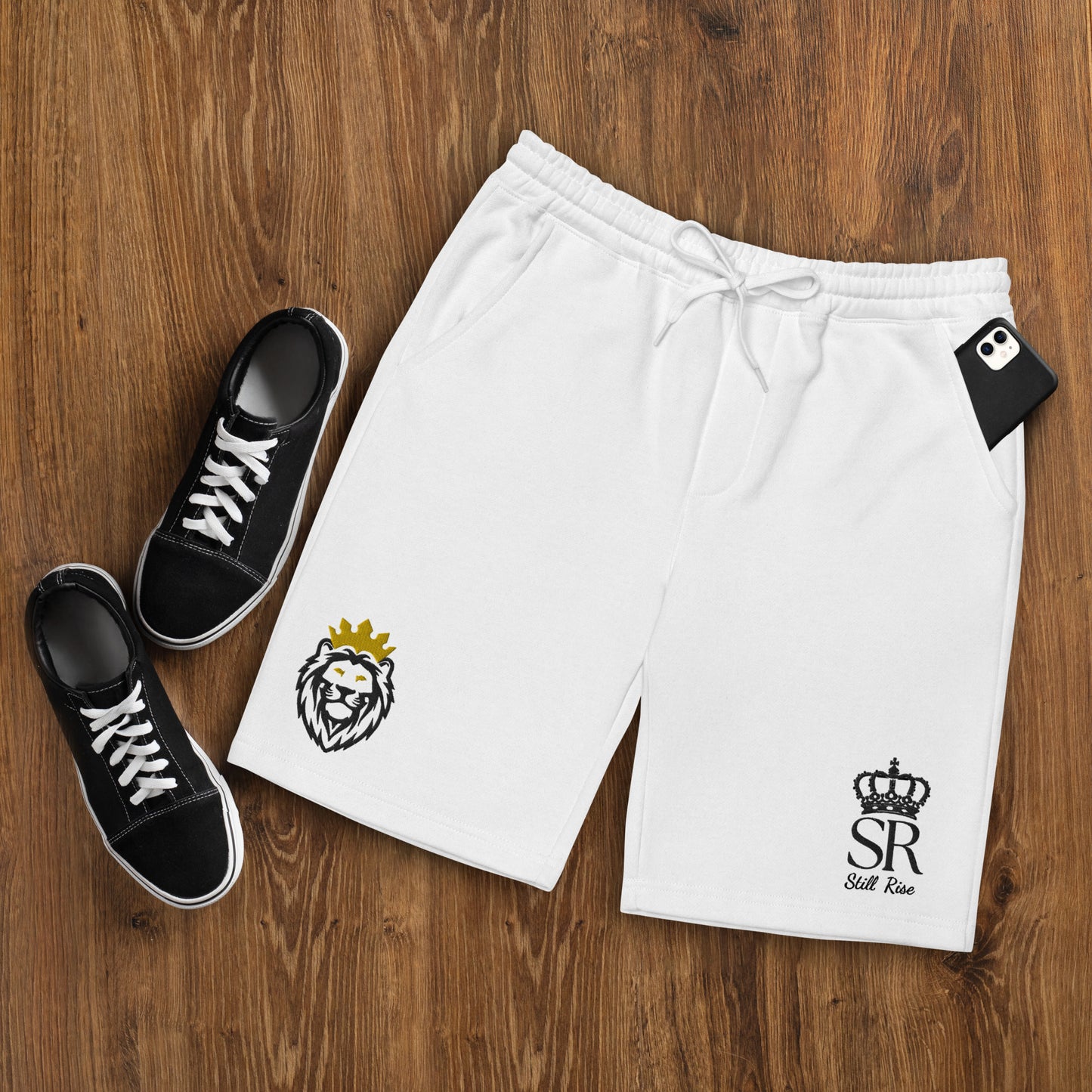 THSR White Adult Fleece Shorts - Embroidered Black & Gold KING Lion and Black "SR Still Rise" Design