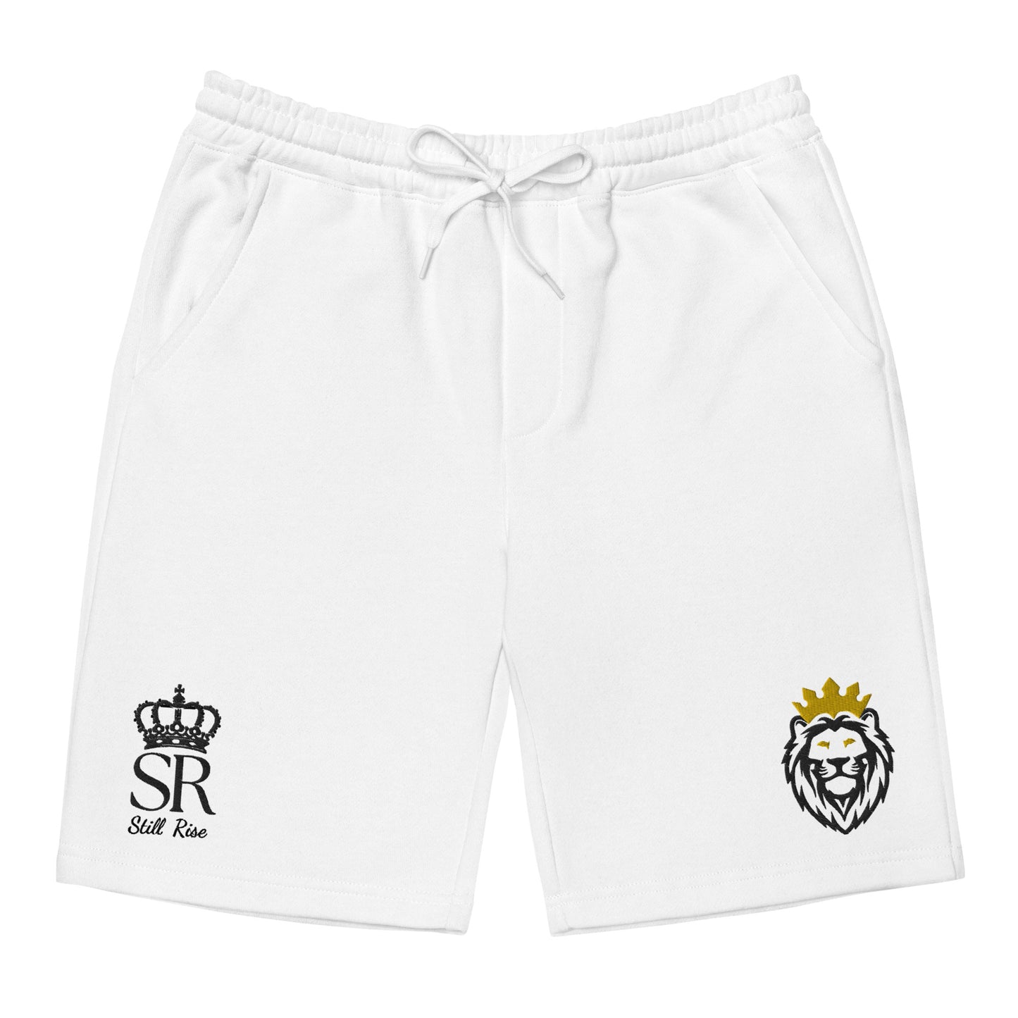 THSR White Adult Fleece Shorts - Embroidered Black & Gold KING Lion and Black "SR Still Rise" Design