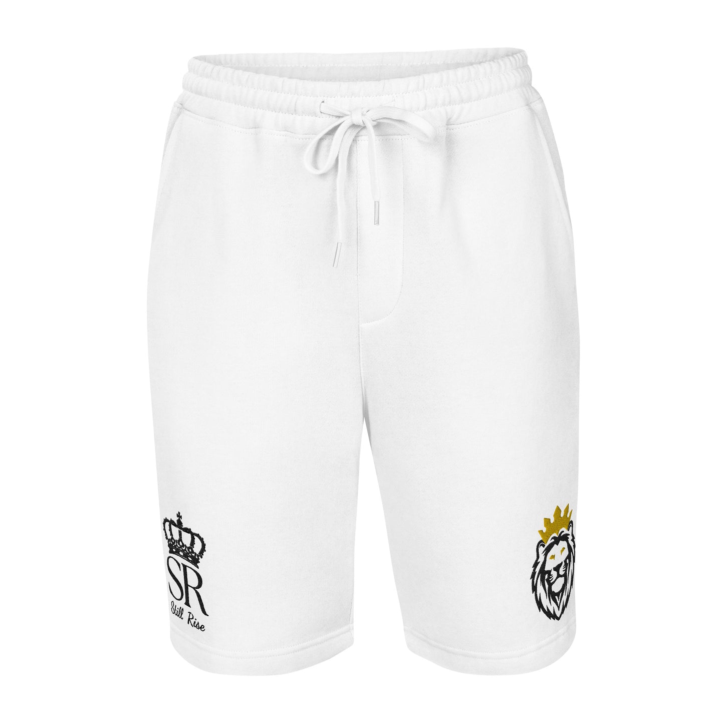 THSR White Adult Fleece Shorts - Embroidered Black & Gold KING Lion and Black "SR Still Rise" Design