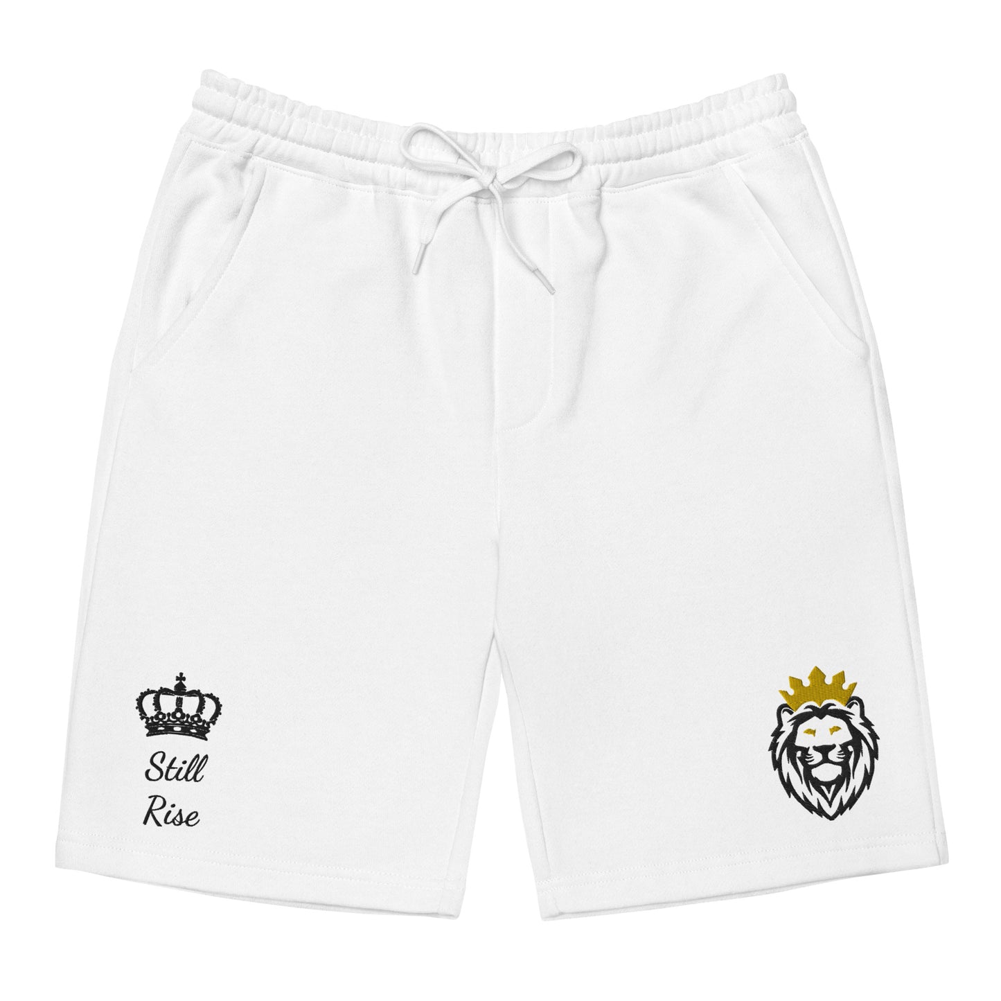 THSR White Adult Fleece Shorts - Embroidered Black & Gold KING Lion and Black "Still Rise" Design