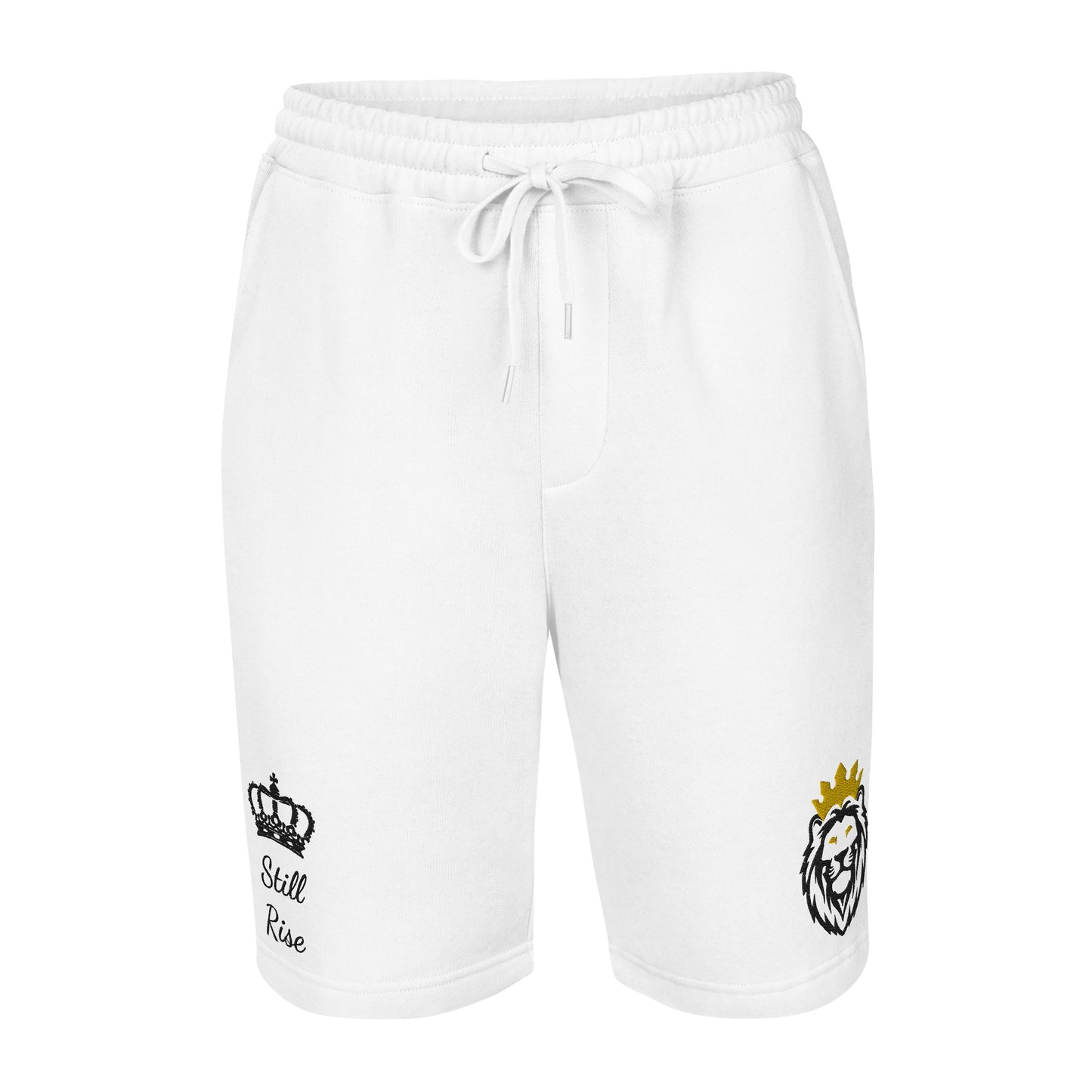 THSR White Adult Fleece Shorts - Embroidered Black & Gold KING Lion and Black "Still Rise" Design