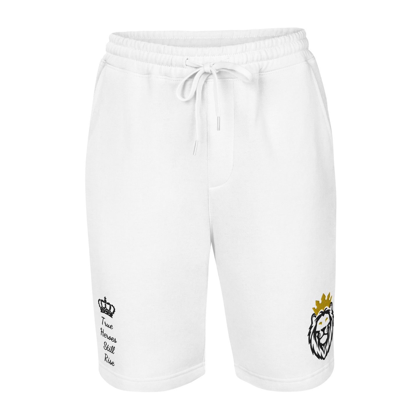 THSR White Adult Fleece Shorts - Embroidered Black & Gold KING Lion and Black "True Heroes Still Rise" Design